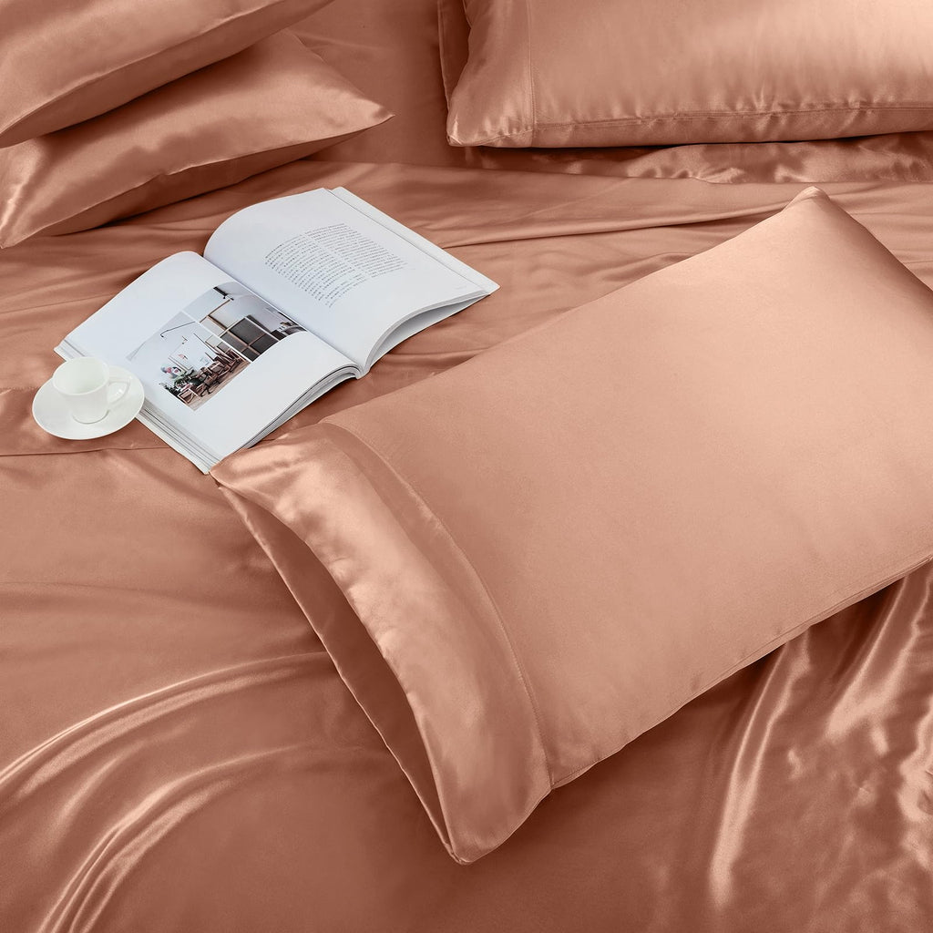 Treely 6 Piece Satin Sheets Full Size Silky Smooth Champagne Satin Sheet Set With Deep Pocket, Satin Fitted Sheet, Flat Sheet, 4