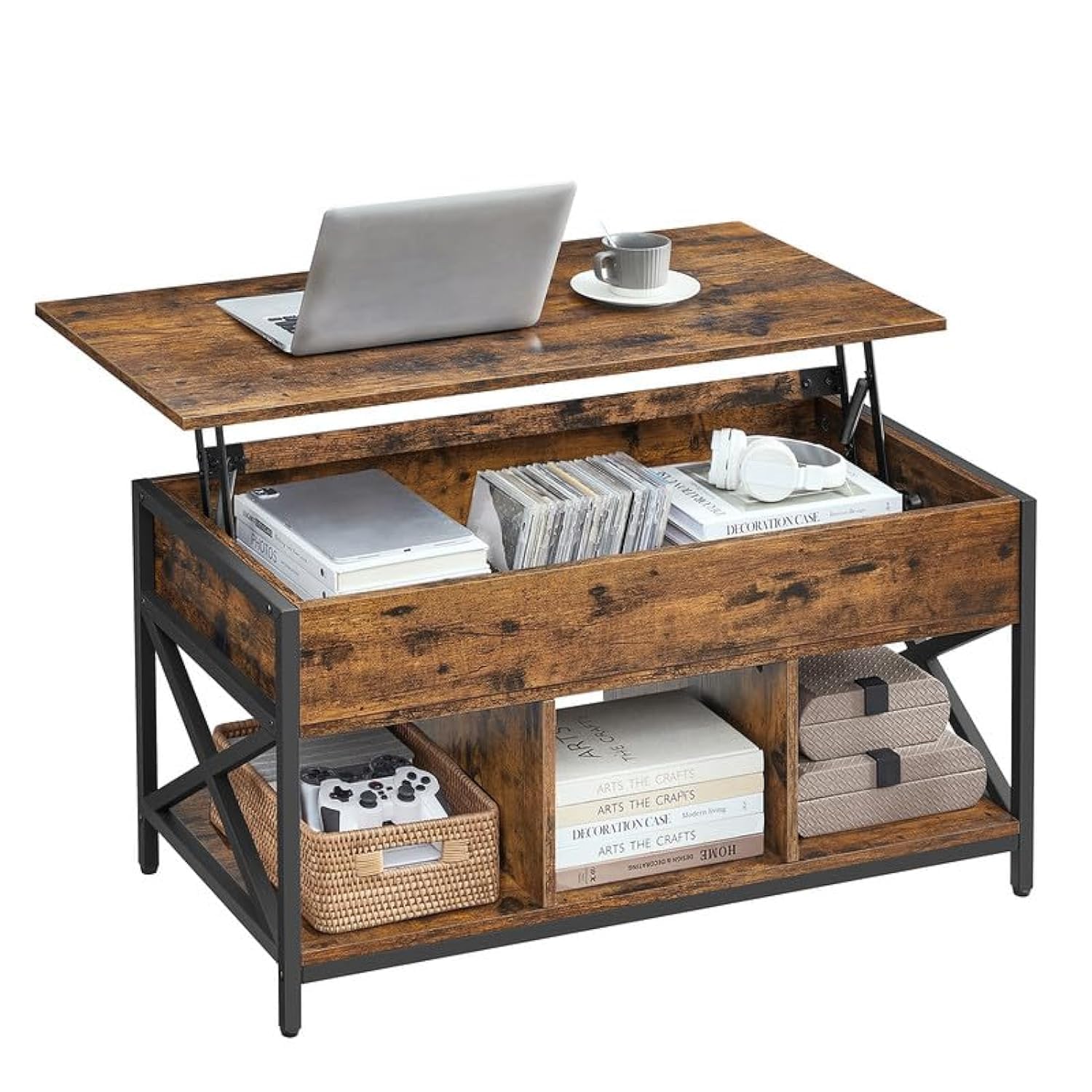 VASAGLE Lift Top Coffee Table with Storage Shelf and Hidden Compartments, 19.7 x 39.4 x (19.3-24.4) Inches, Rustic Brown and Bla