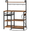 HOOBRO Bakers Rack with Power Outlet, 35.4 Inches Coffee Bar with Mesh Basket, Microwave Stand with 4 S-Shaped Hooks, Kitchen Ba
