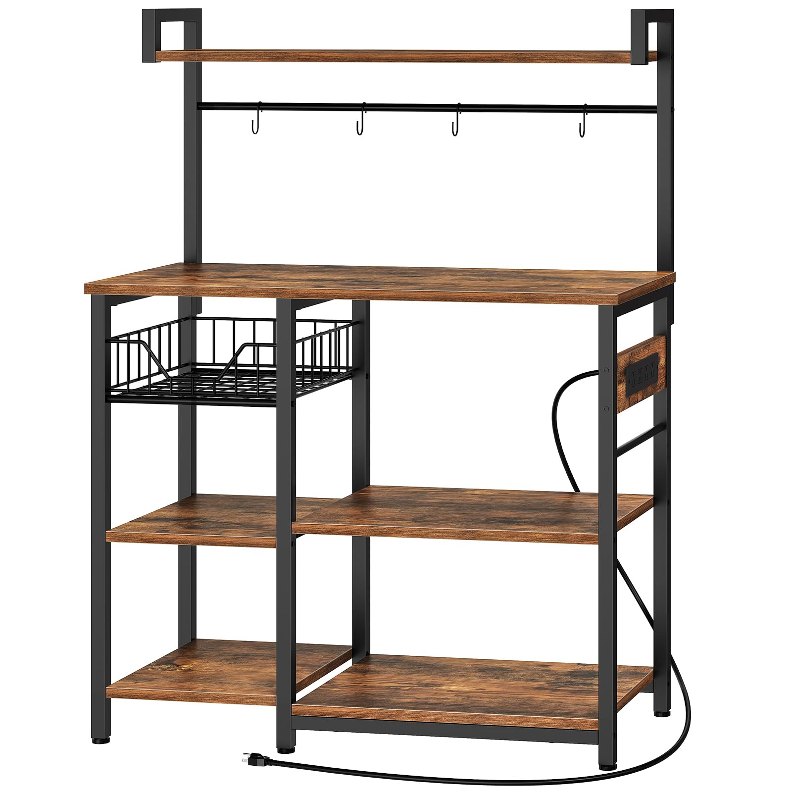 HOOBRO Bakers Rack with Power Outlet, 35.4 Inches Coffee Bar with Mesh Basket, Microwave Stand with 4 S-Shaped Hooks, Kitchen Ba