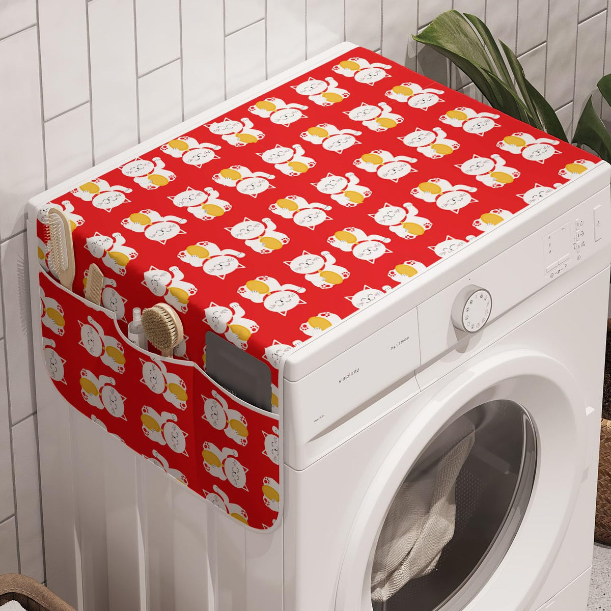 Ambesonne Japanese Cat Washing Machine Organizer Pack Of 2, Lucky Maneki Neko Luck Fortune Prosperity Backdrop, Anti-Slip Cover
