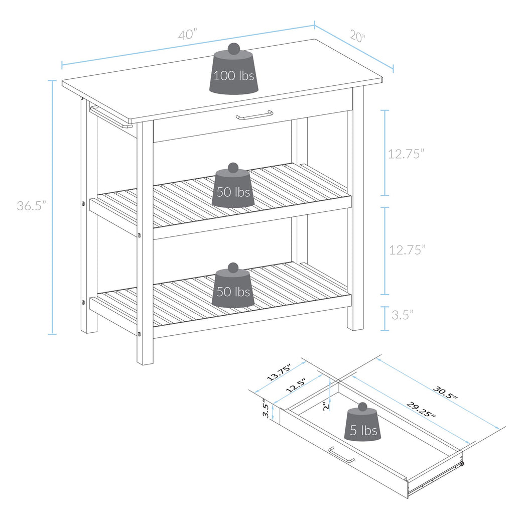 Casual Home Kitchen Island with Solid American, Two-Tone(White Base, Natural Cherry Top)