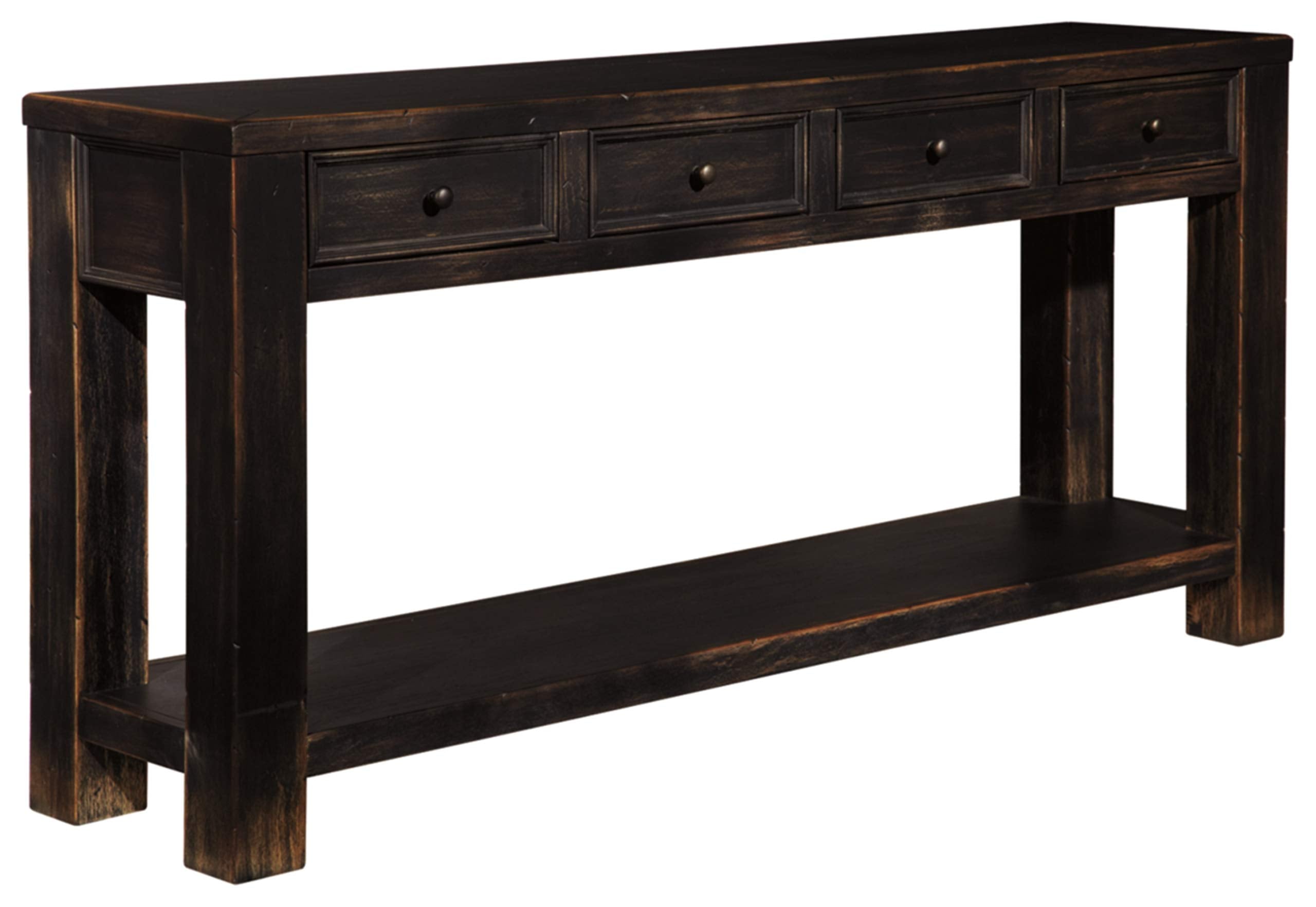Signature Design by Ashley Gavelston Rustic Sofa Table with 4 Drawers and Lower Shelf, Weathered Black