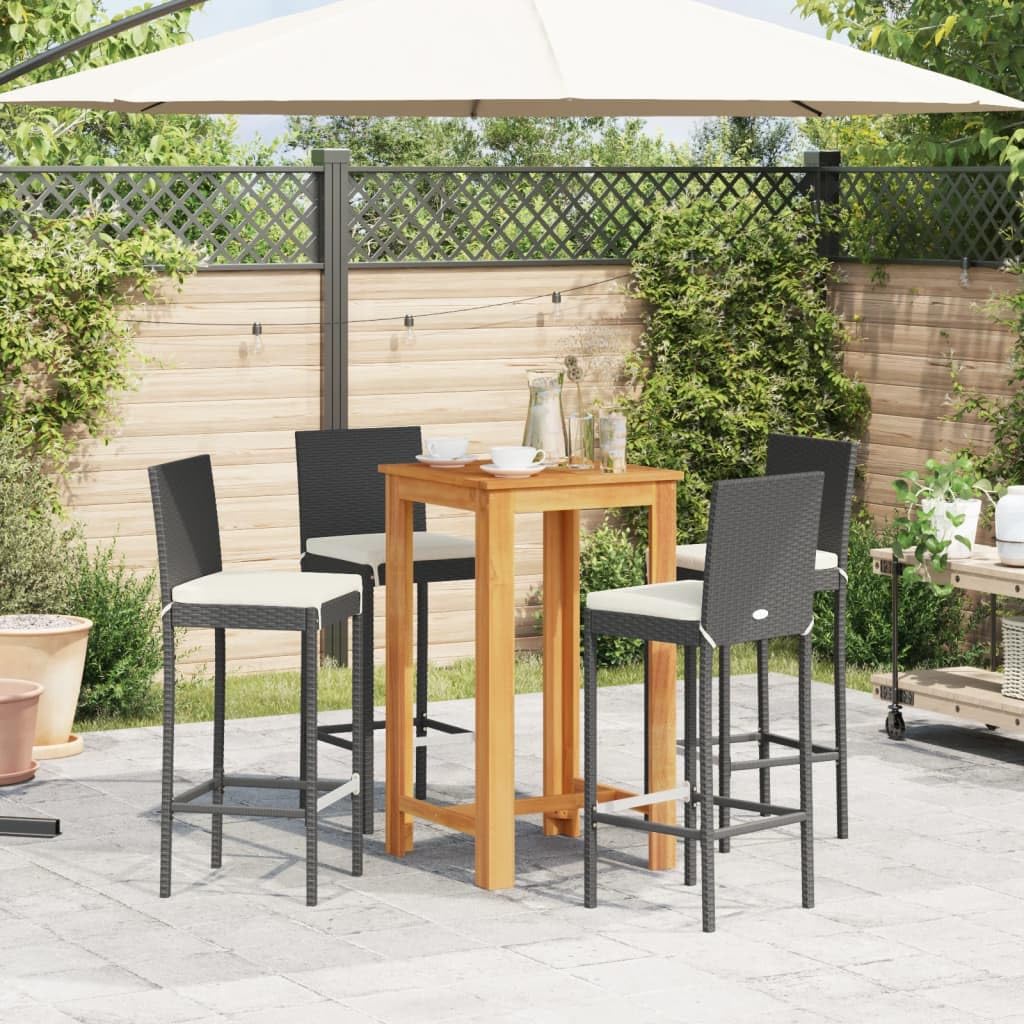 vidaXL 5-Piece Outdoor Patio Bar Set - Black PE Rattan Stools & Solid Acacia Wood Table with Cream White Cushions