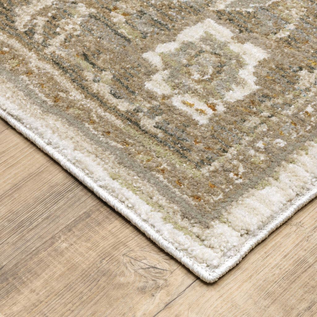 HomeRoots 510141 10 x 13 ft. Beige Ivory Tan Gold Gray & Green Oriental Power Loom Stain Resistant Rectangle Area Rug
