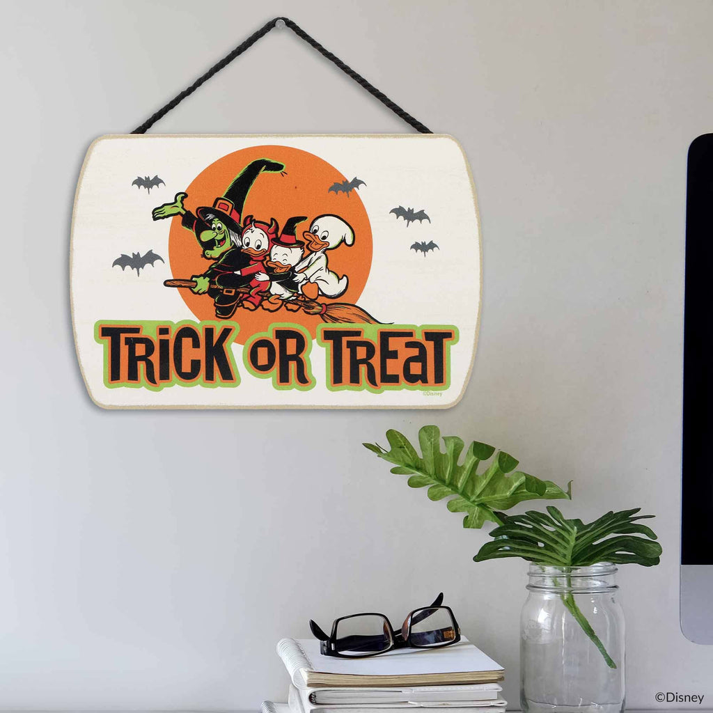 Open Road Brands Disney Trick Or Treat Halloween Hanging Wood Wall Decor - Spooky Halloween Sign Featuring Huey, Dewey And Louie