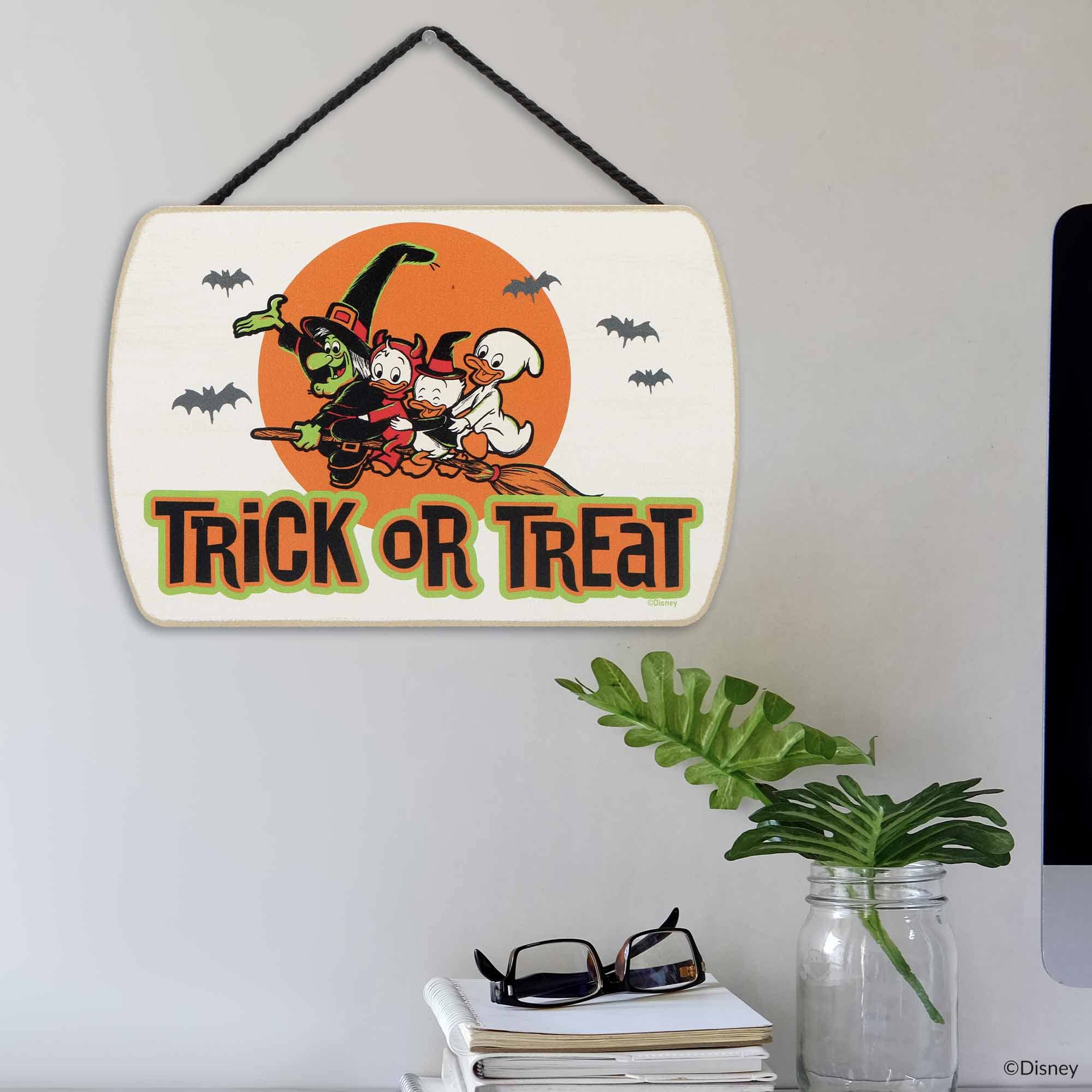 Open Road Brands Disney Trick Or Treat Halloween Hanging Wood Wall Decor - Spooky Halloween Sign Featuring Huey, Dewey And Louie