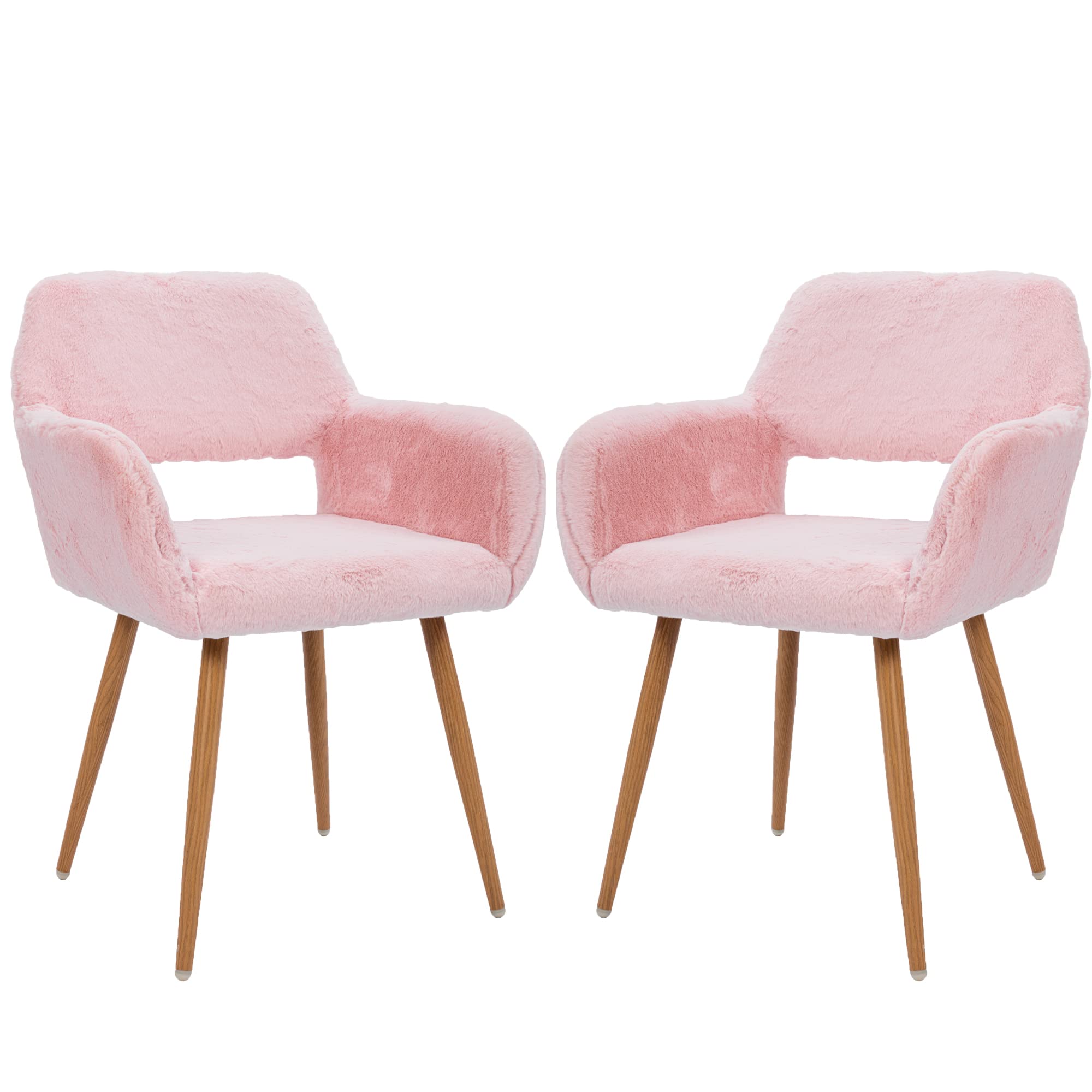 Kcc Furry Desk Chair Set Of 2, Mid-Century Modern Accent Faux Fur Chair For Teen Girls, Comfy Armchair With Wood Look Metal Legs