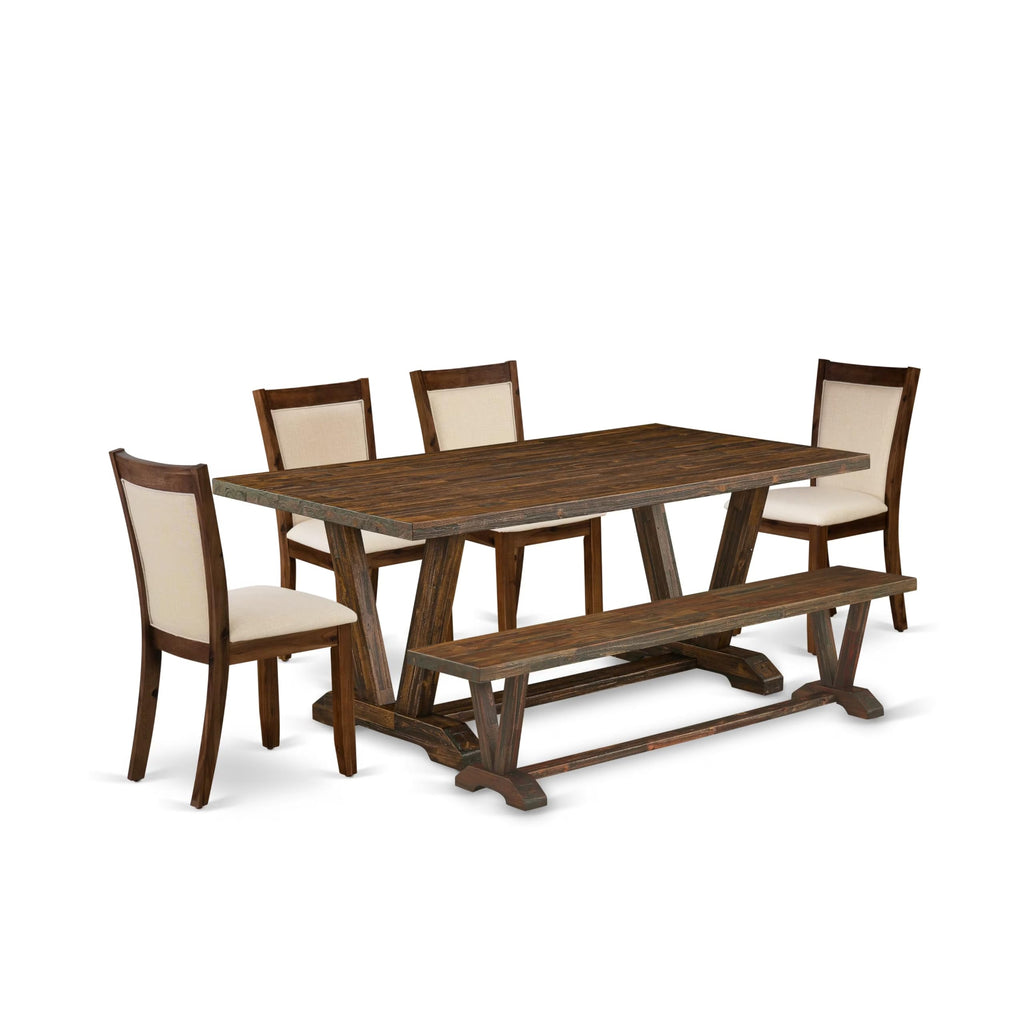 East West Furniture V777Mzn32-6 6 Piece Dining Set Contains A Rectangle Dining Room Table With V-Legs And 4 Light Beige Linen Fabric Parson Chairs With A Bench, 40X72 Inch, Multi-Color