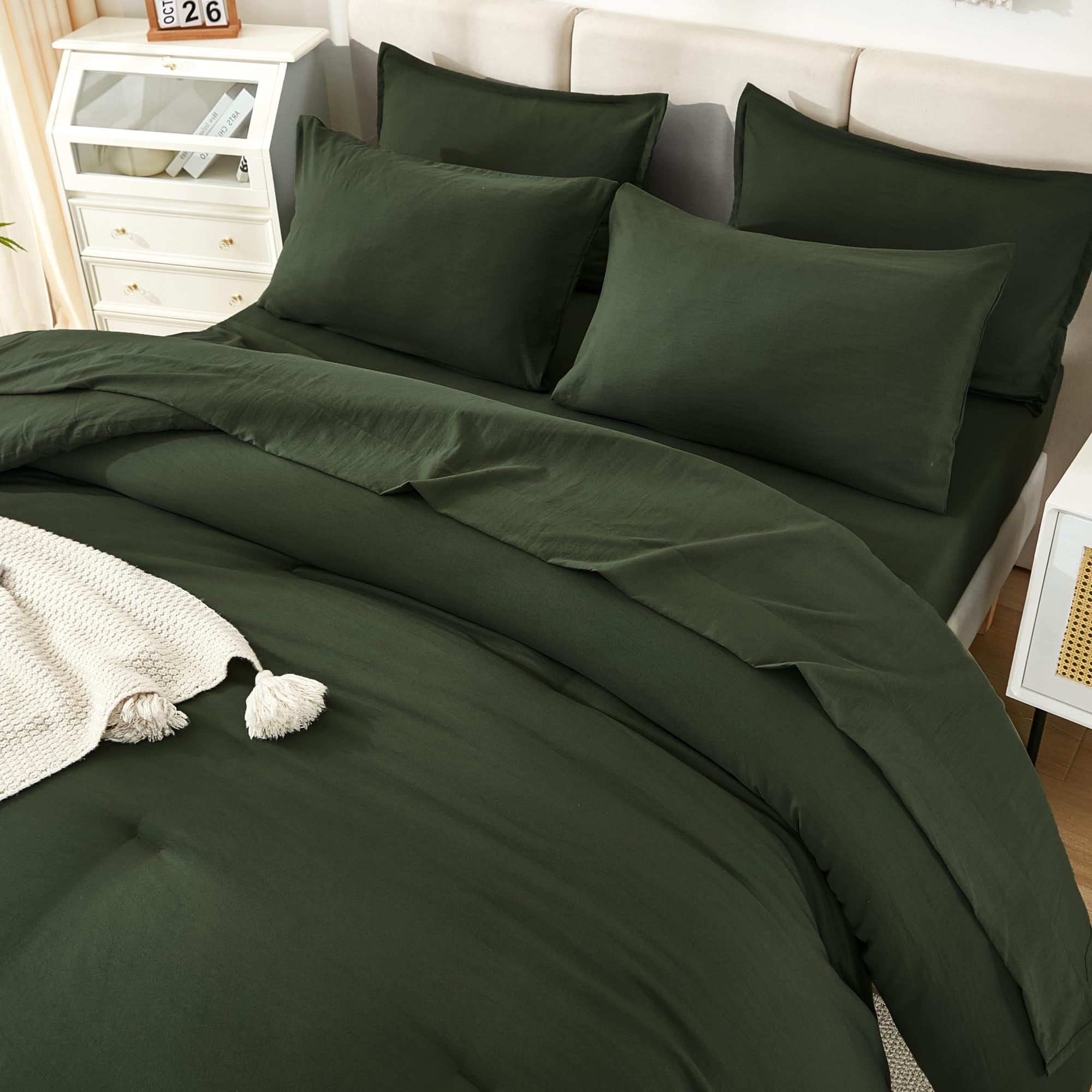 Litanika Comforter Full Size Set Olive Green - 7 Pieces Bed In A Bag Full Beddding Comforter Sets, Plain Lightweight Bed Set Wit