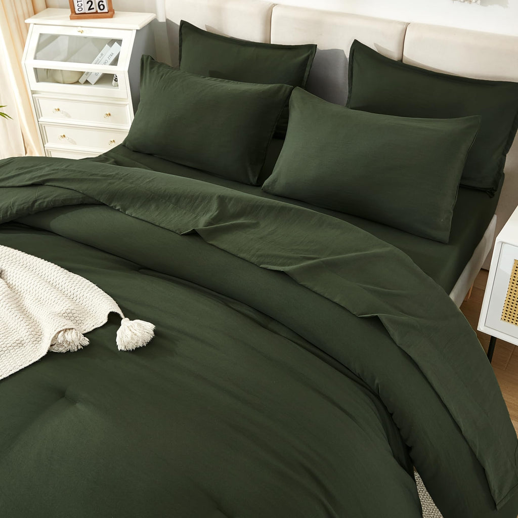Litanika Dark Olive Green King Size Comforter Set - 7 Pieces Bed In A Bag King Beddding Comforter Sets, Plain Lightweight Bed Se