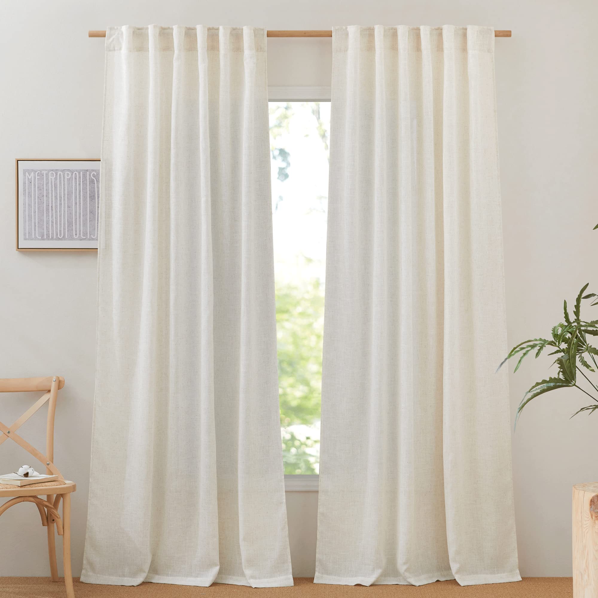 Nicetown Linen Curtains & Drapes 95 Inch Length 2 Panels, Rod Pocket & Back Tab Linen Blend Semi Sheer Privacy With Light Filter