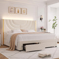 Hithos King Upholstered Led Bed Frame With 2 Storage Drawers, Velvet Platform Bed With Wingback Headboard, Solid Wooden Slats Support, No Box Spring Needed, Headboard Splicing Design, Beige