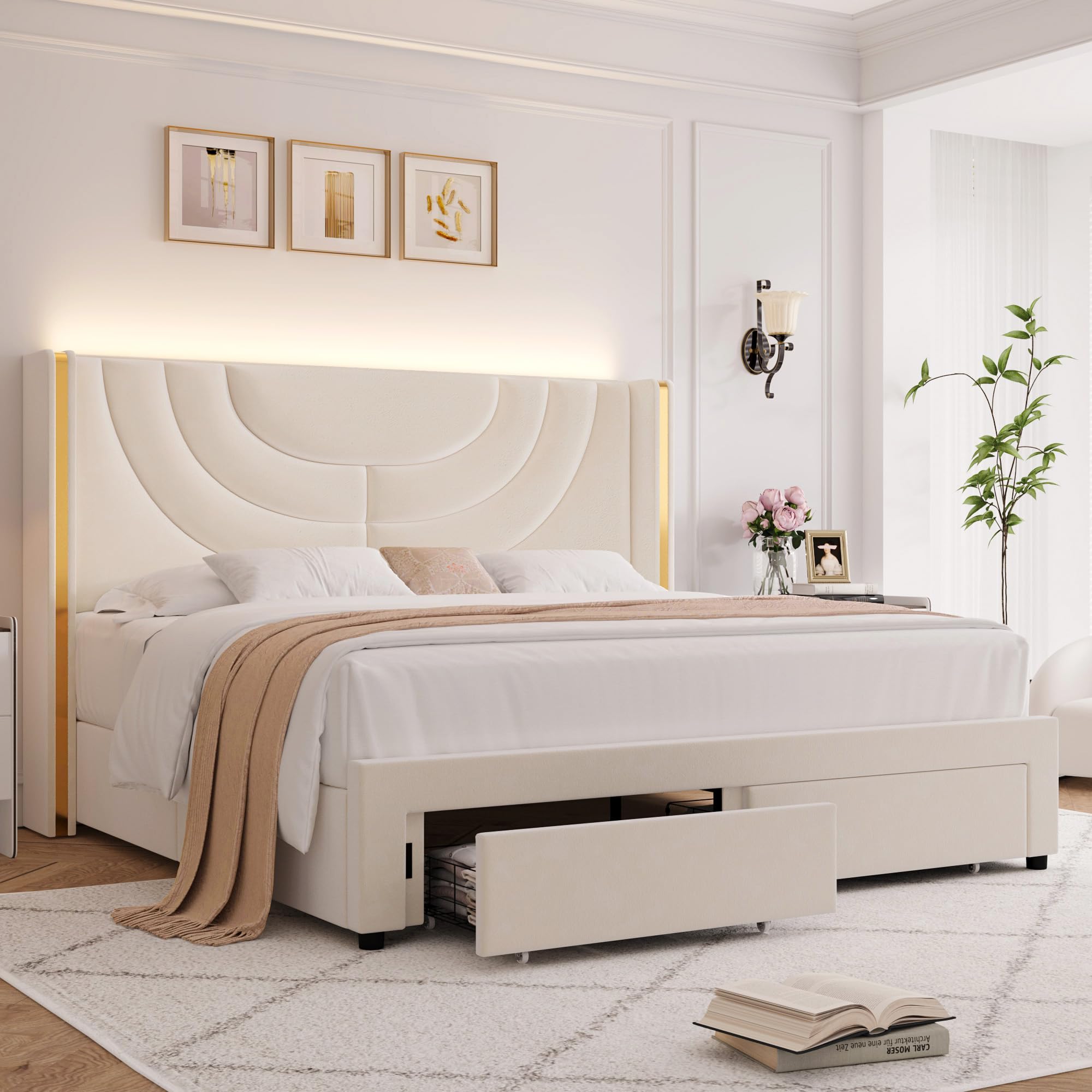 Hithos King Upholstered Led Bed Frame With 2 Storage Drawers, Velvet Platform Bed With Wingback Headboard, Solid Wooden Slats Support, No Box Spring Needed, Headboard Splicing Design, Beige