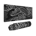 Japanese Wave Black And White Gaming Mouse Pad Xl, Large Non Slip Rubber Mousepad, Stitched Edges Desk Pad, Long Extended Mice P