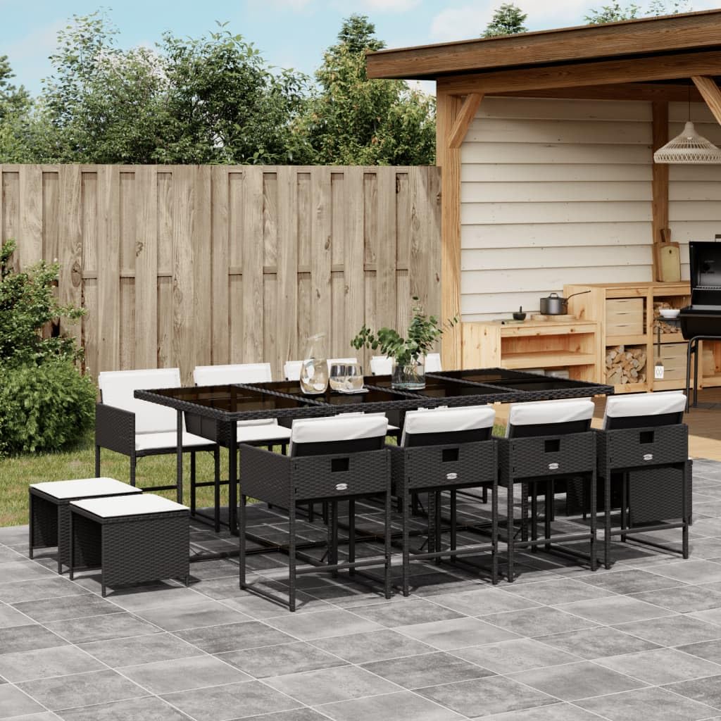 vidaXL 13 Piece Patio Dining Set with Cushions - Black PE Rattan Furniture, Tempered Glass Table for Garden, Backyard, Deck, Rectangular