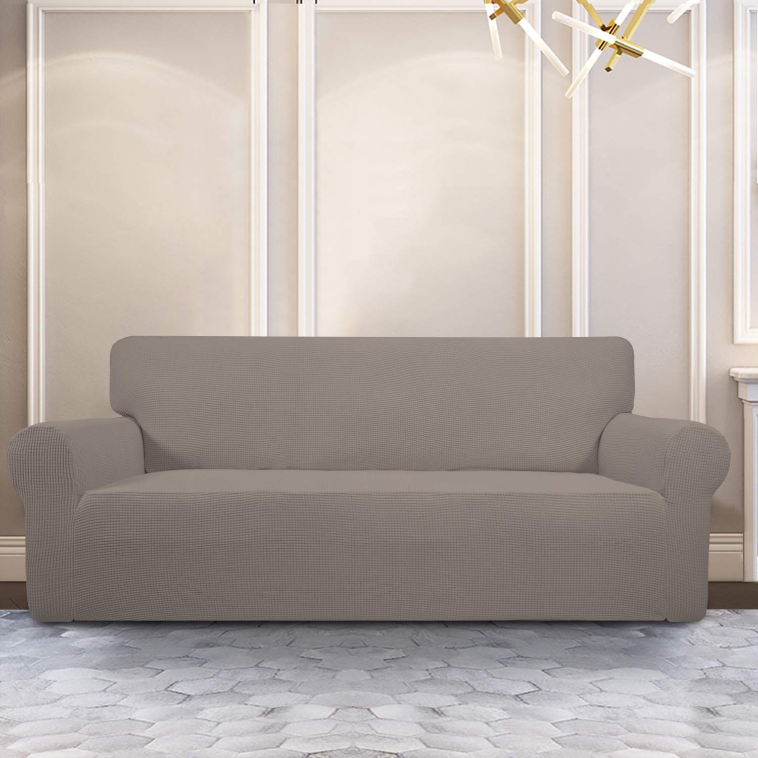 Purefit Stretch Sofa Slipcover – Spandex Jacquard Non Slip Soft Couch Sofa Cover, Washable Furniture Protector With Non Skid Foam And Elastic Bottom For Kids (Sofa, Taupe)
