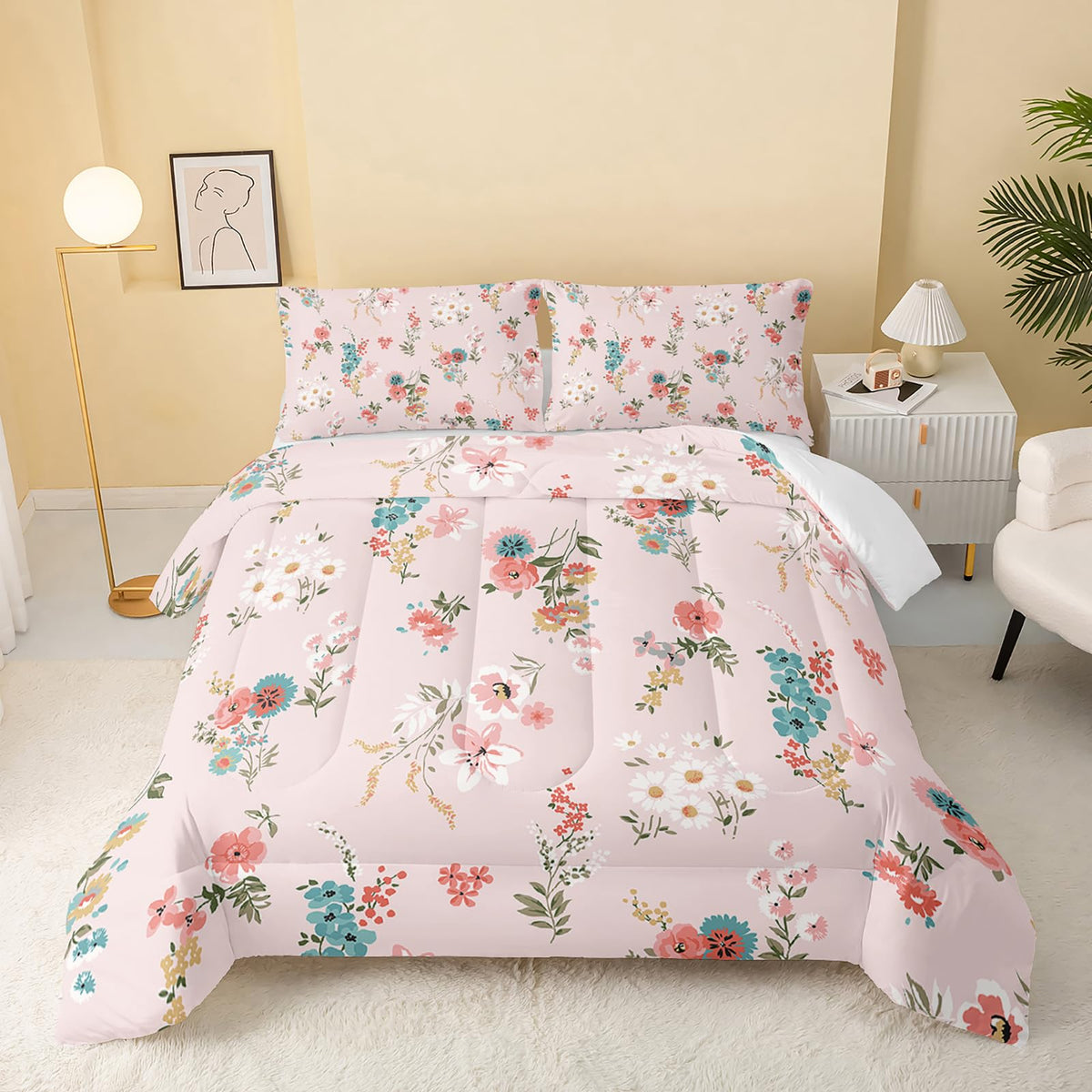 Qoomo Floral Comforter Queen Size,Pink Floral Kids Comforter Set,3Pcs Bedding Set Printed Comforter With 2 Pillowcases,Down Alte