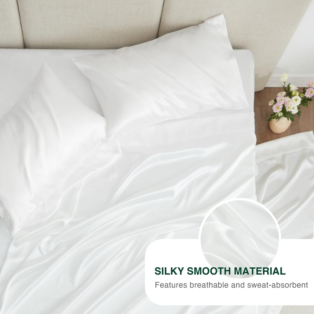 Love'S Cabin Satin Queen Sheets Set - 4 Piece White Silky Satin Bed Sheets Queen Set With Deep Pocket, Luxury Silk Feel Satin Queen Size Sheet Set (1 Flat Sheet,1 Fitted Sheet,2 Pillow Cases)