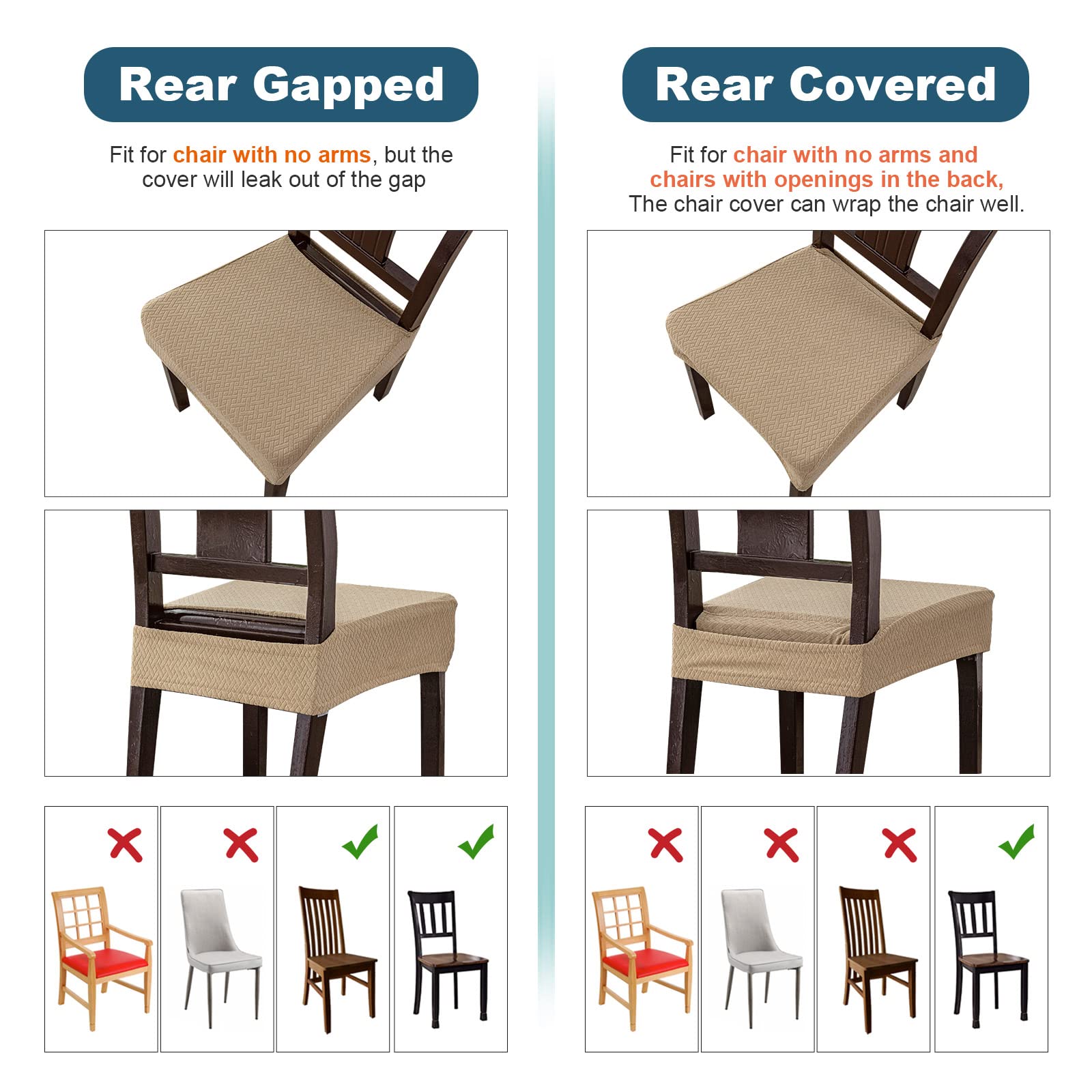 Genina Waterproof Seat Covers For Dining Room Chair Covers Waterproof Dining Chair Covers (2 Pcs-Rear-Covered, Khaki)