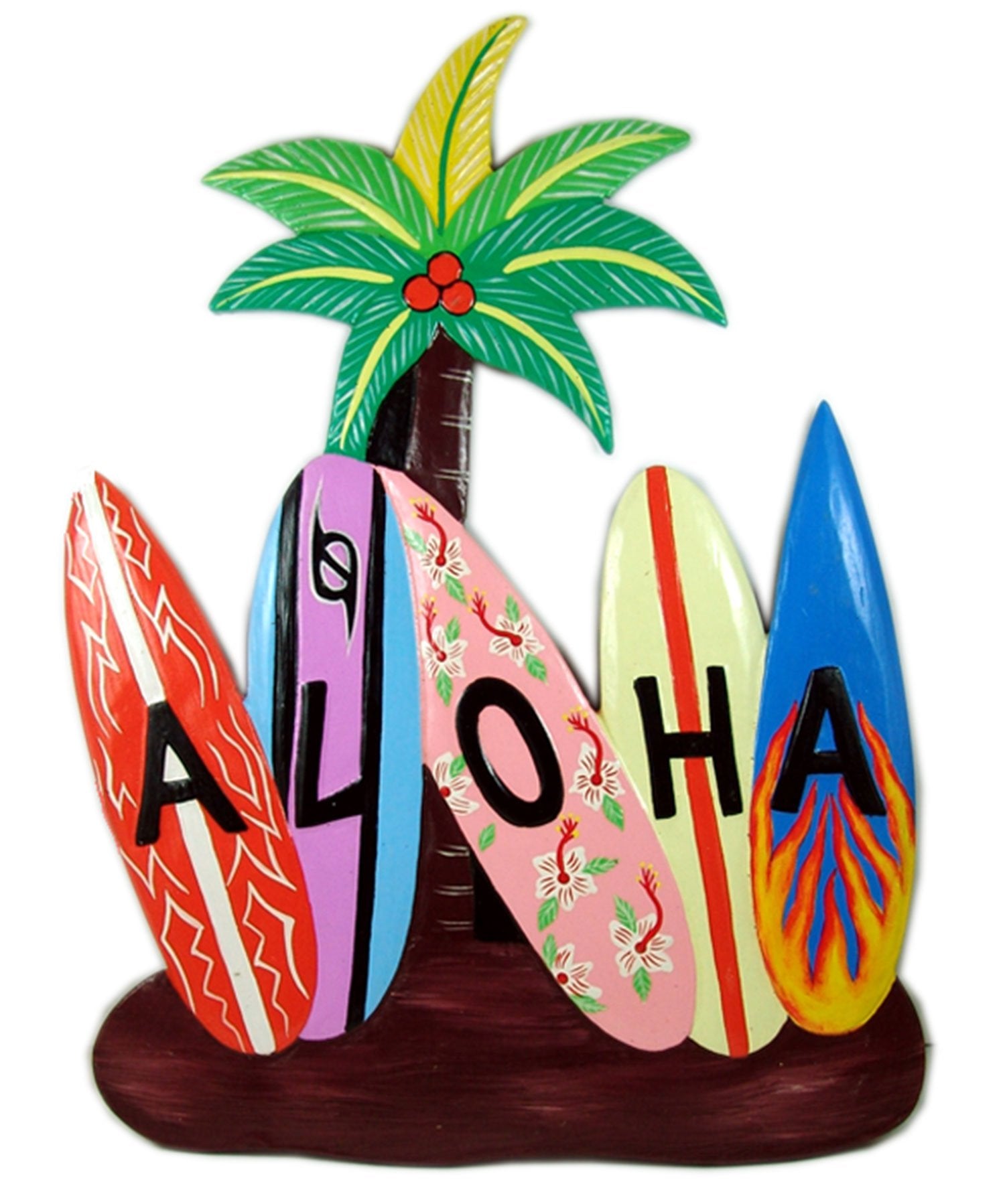 Painted Wooden ''Aloha'' Wall Plaque with Surfboards & Palm Tree