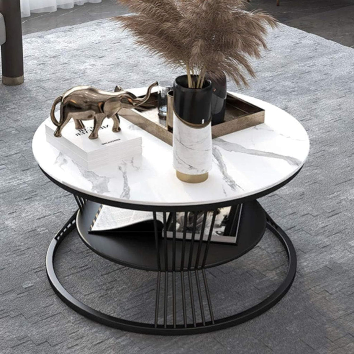 Wrough Impex Modern Round Coffee Table With Storage Shelf, Wooden Top & Metal Frame Center Table For Living Room, Stylish Tea Ta