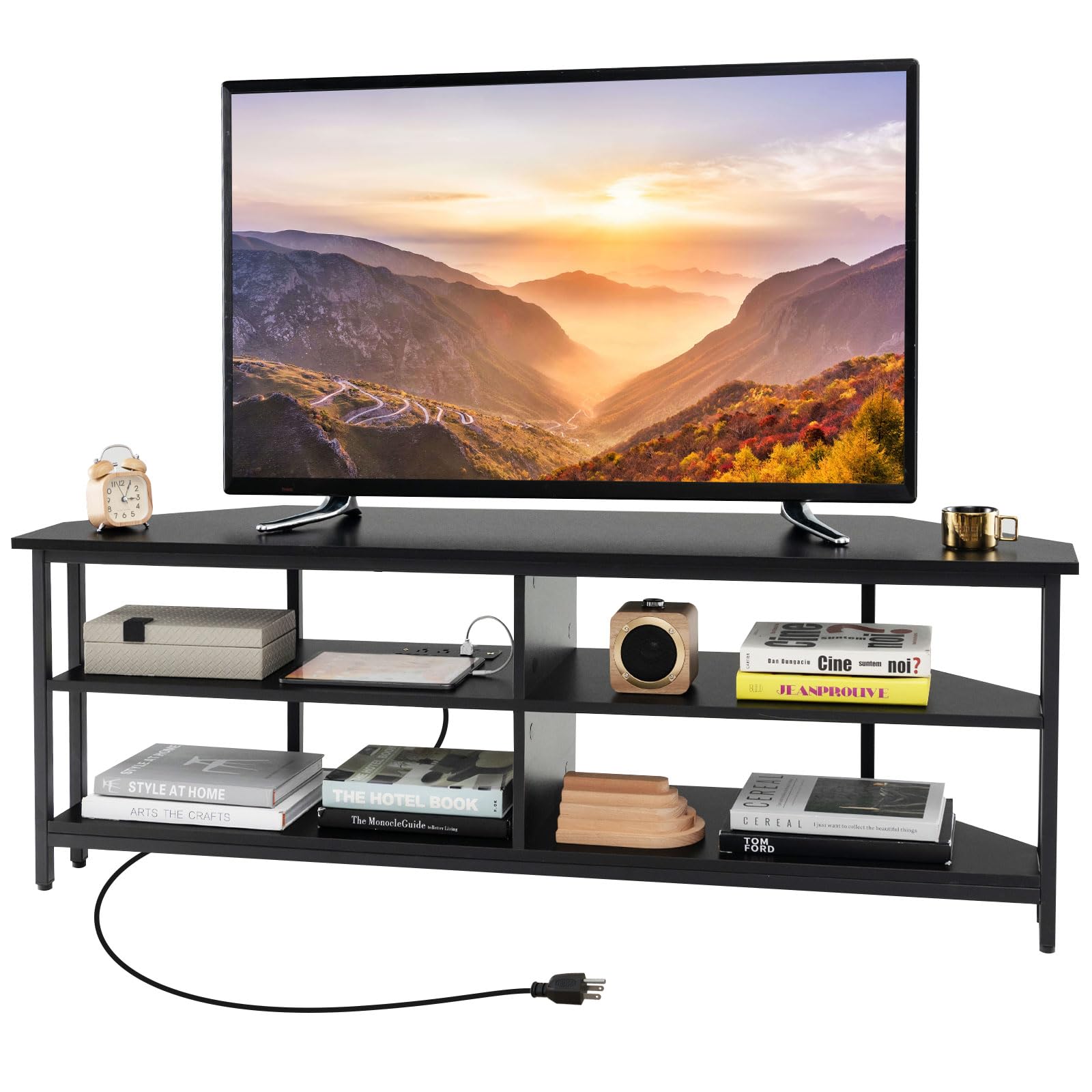 Tangkula Corner TV Stand for TVs up to 65   , TV Console Table with 2 AC Outlets, USB A Port, USB C Port, Metal Frame & Storage 