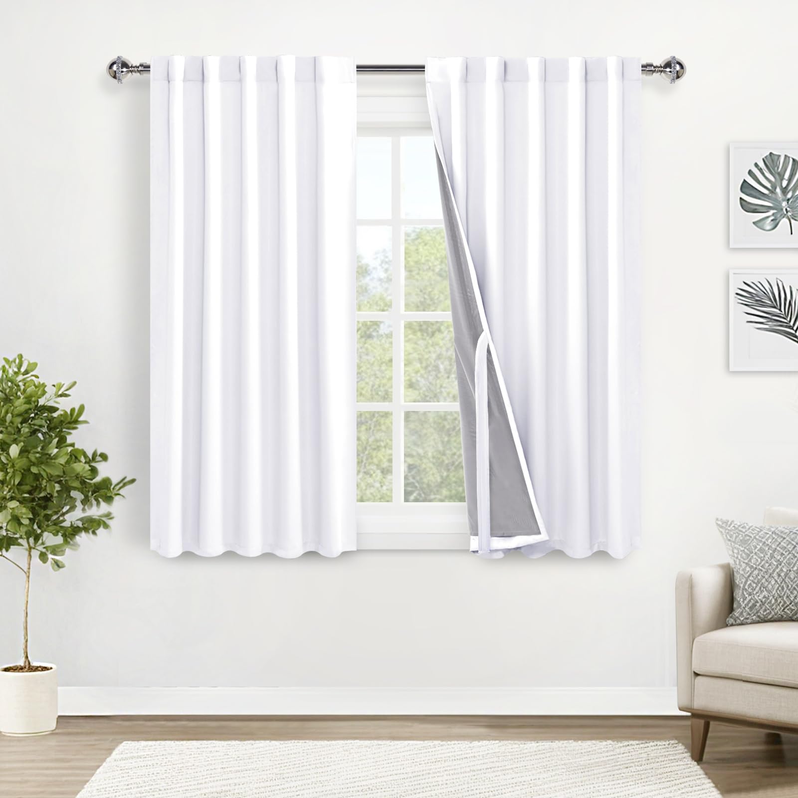 Xwzo White 100% Blackout Curtains With Tiebacks- 2 Thick Layers Completely Shaded Window Treatment Thermal Insulated Liner Rod P