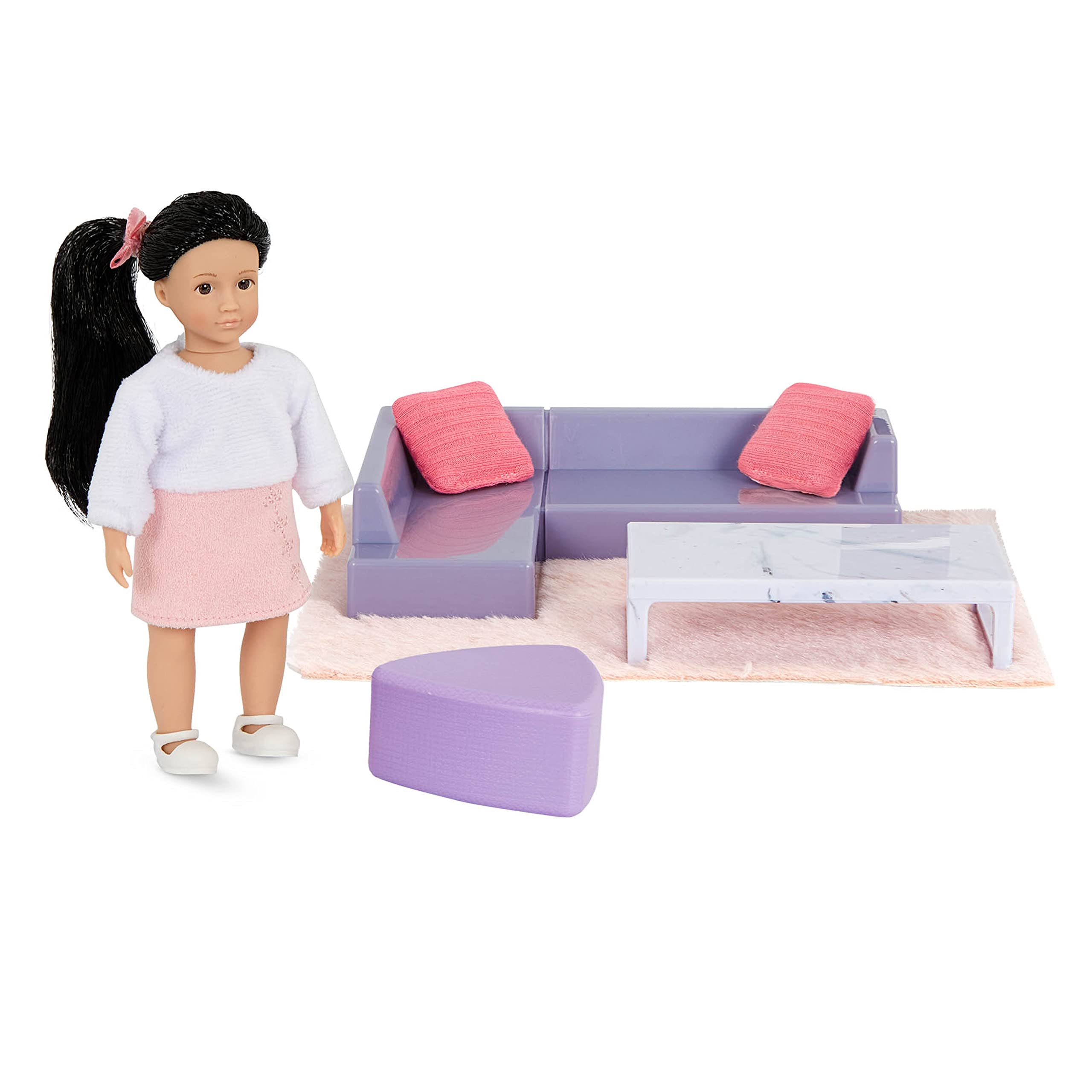Lori Yunis Cozy Sofa Set Mini Doll & Living Room Furniture 6-inch Doll & Dollhouse Accessories Sofa, Pouffe, Table, Rug, Pillow