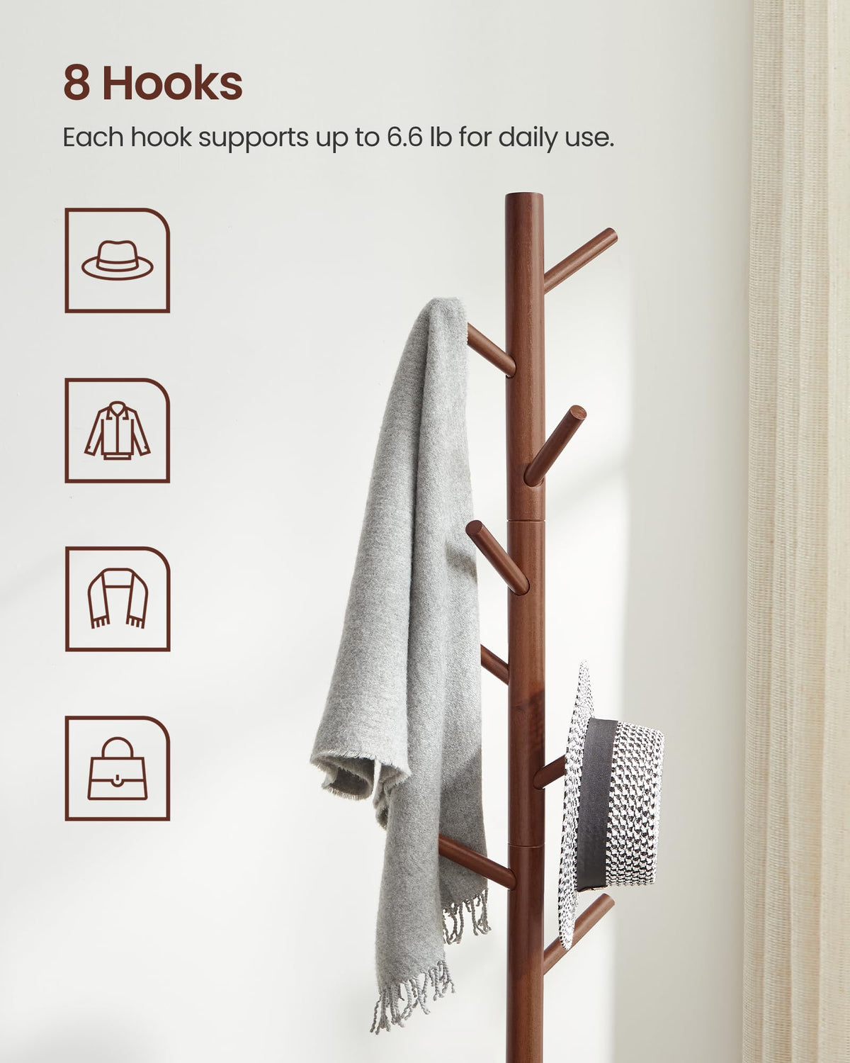 Vasagle Solid Wood Coat Rack, Free Standing Coat Rack, Tree-Shaped Coat Rack With 8 Hooks, 3 Height Options, For Clothes, Hats, Bags, For Living Room, Bedroom, Home Office, Dark Walnut Urcr04Wn