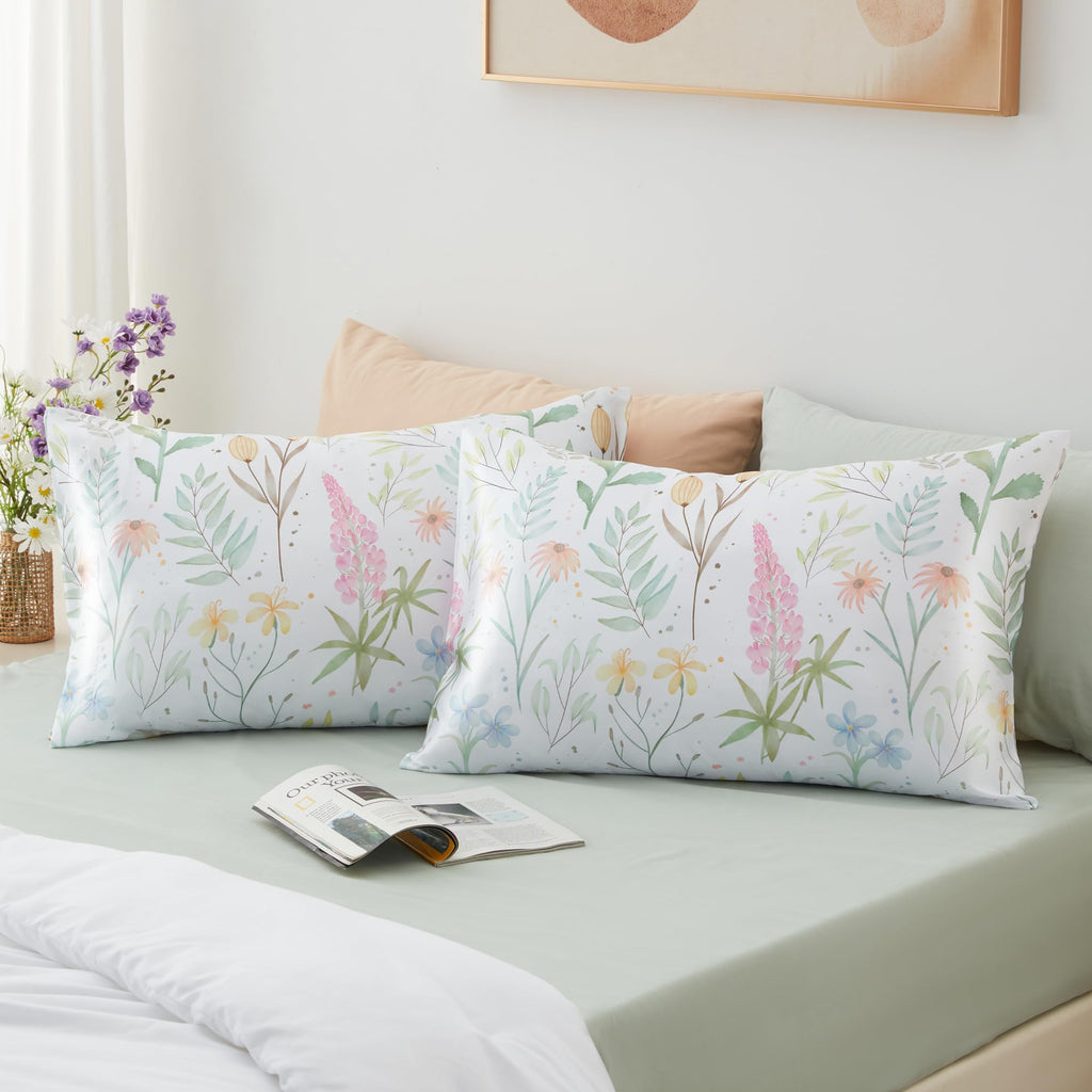 Exq Home Satin Pillowcase For Hair And Skin Queen - Multicolor Printed Flower Silk Pillowcase 2 Pack 20X30 Inches - Satin Pillow
