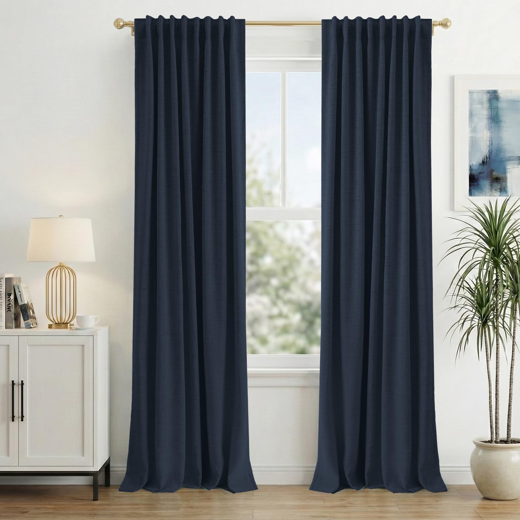 INOVADAY 100% Blackout Curtains 90 Inches Length 2 Panels Set, Back Tab/Rod Pocket Linen Black Out Curtains for Bedroom, Thermal
