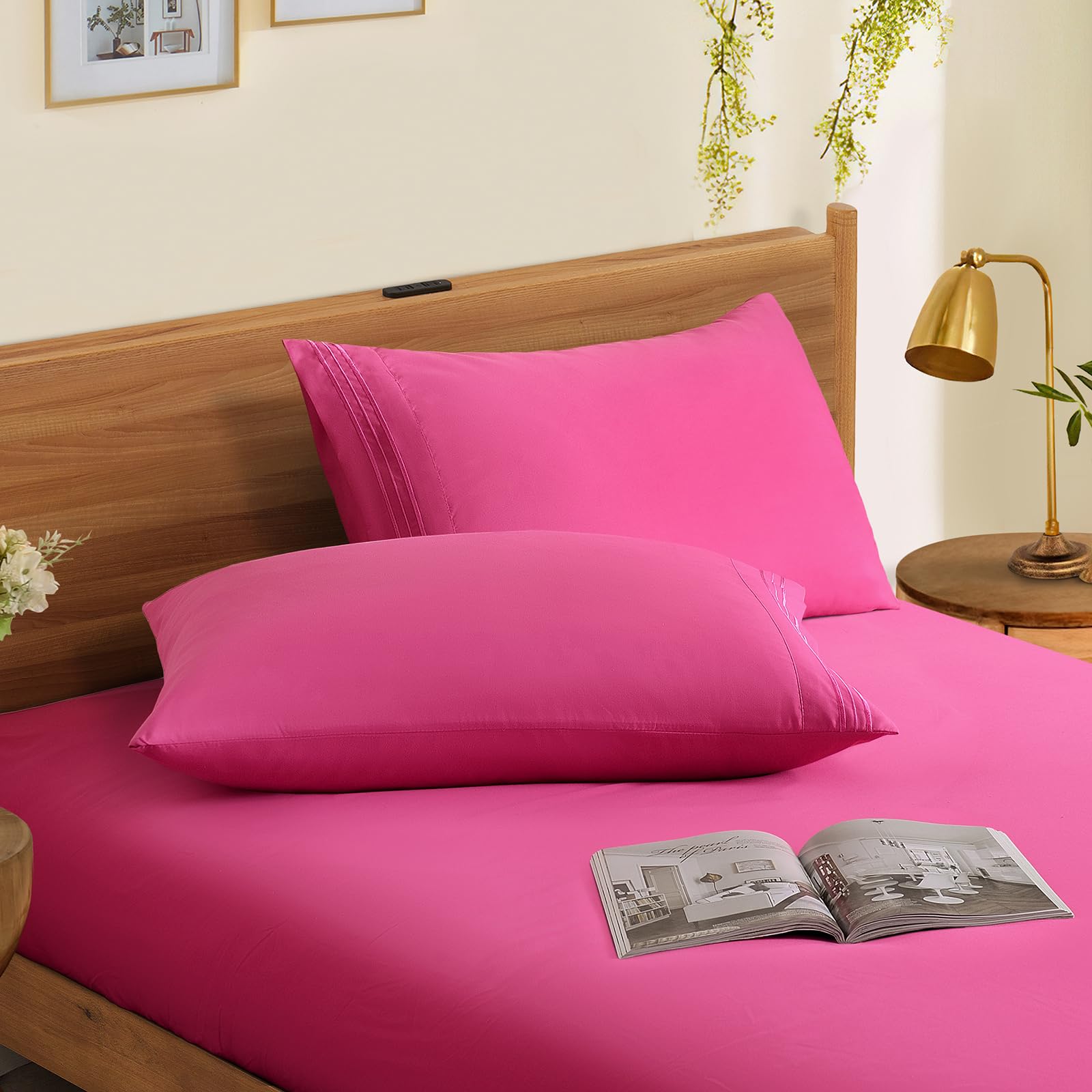 Horbaunal 2 Pack Microfiber Pillowcases King Size Hot Pink Bed Pillow Cases With Envelope Closure, 1800 Thread Count Soft & Shri
