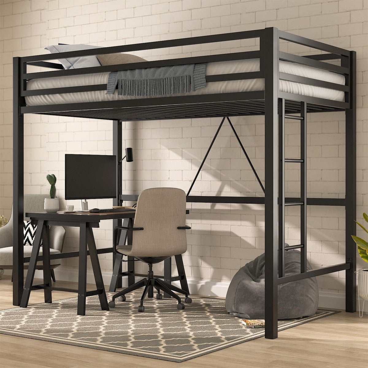 MUTICOR Twin Loft Bed Frame for Juniors and Adults with Safety Guardrail and Ladder,Metal Slats Support, Small Space Saving Furn