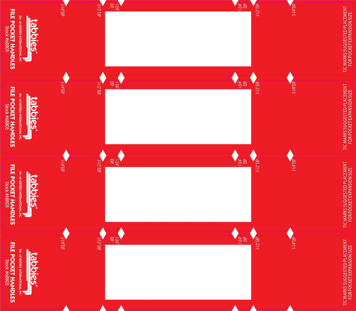 Tabbies File Pocket Handles, 9.63 X 2, Red/White, 4/Sheet, 12 Sheets/Pack
