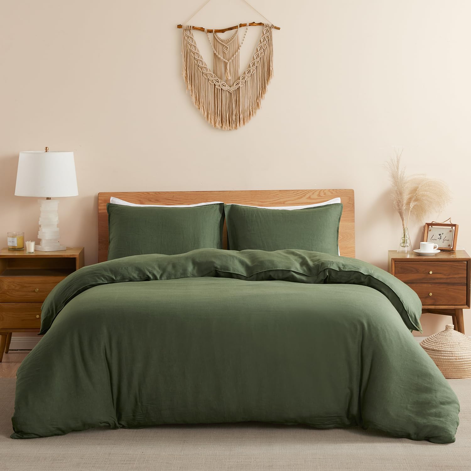 Dapu 100% Linen Olive Green Duvet Cover Set, Pure Natural French Flax Linen With 8 Corner Ties And Zipper Closure Soft Breathabl