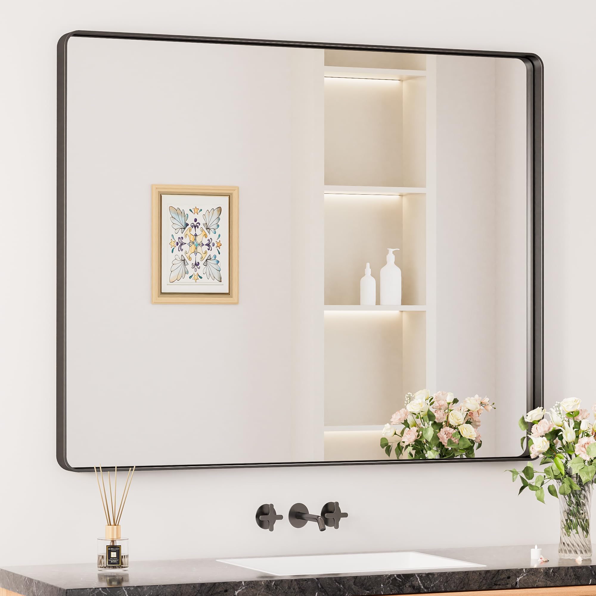 Keonjinn Black Bathroom Mirror for Over Sink, 42 x 36 Inch Large Rounded Rectangle Bathroom Vanity Mirror, Matte Black Farmhouse