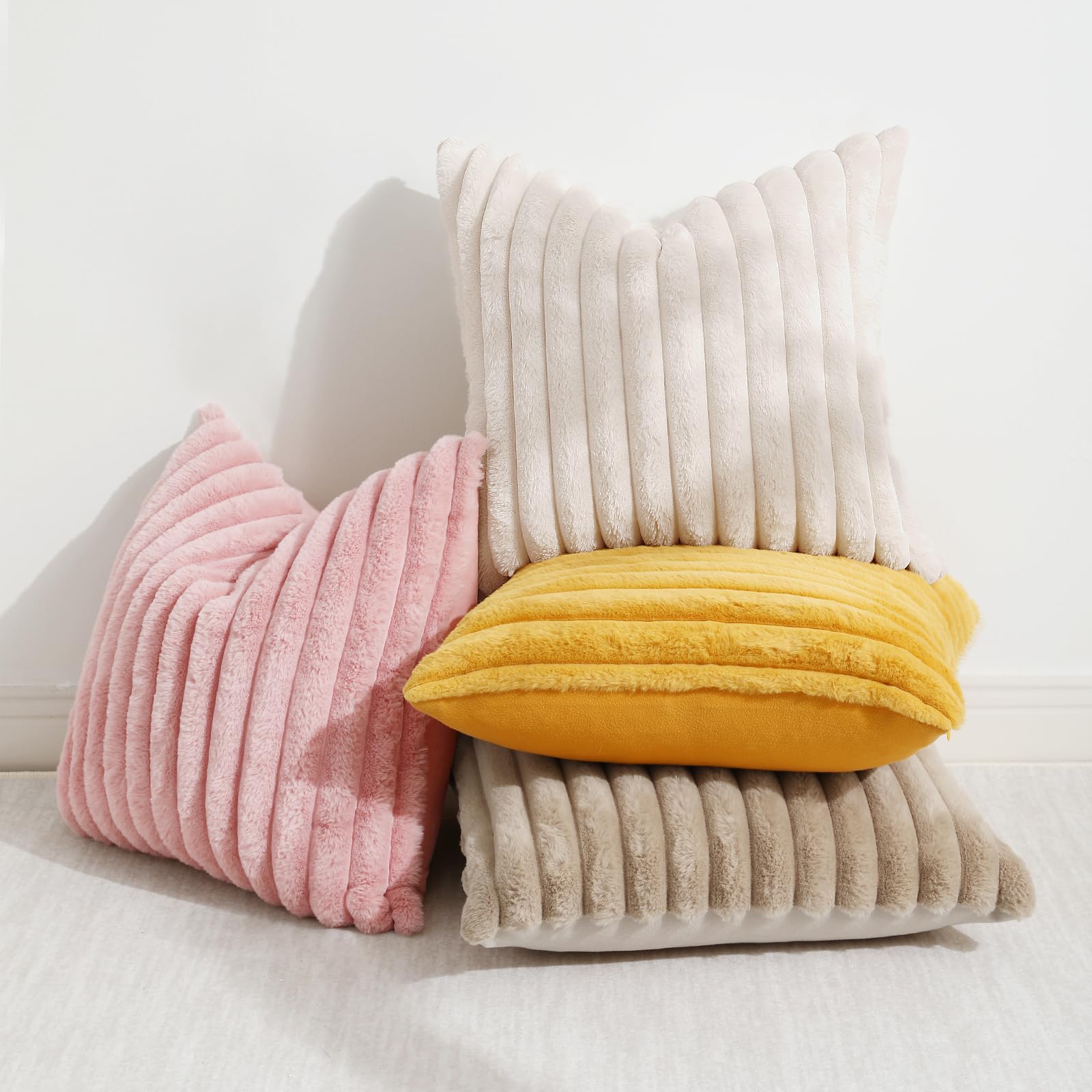 Decoruhome Faux Fur Throw Pillow Covers 20X20 Set Of 2, Decorative Soft Plush Striped Couch Pillow Covers With Velvet Back For Sofa, Bed, Living Room, Black