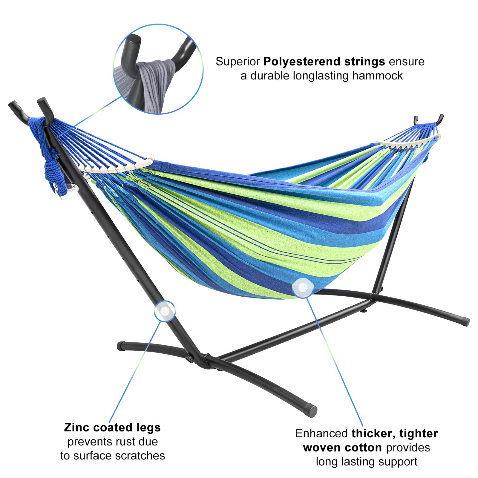 Szhlux Double Hammock With Stand Included 450Lb Capacity Steel Stand, Premium Carry Bag Included.Indoor Outdoor Brazilian-Style Cotton Bed For Backyard, Camping,Garden,Green