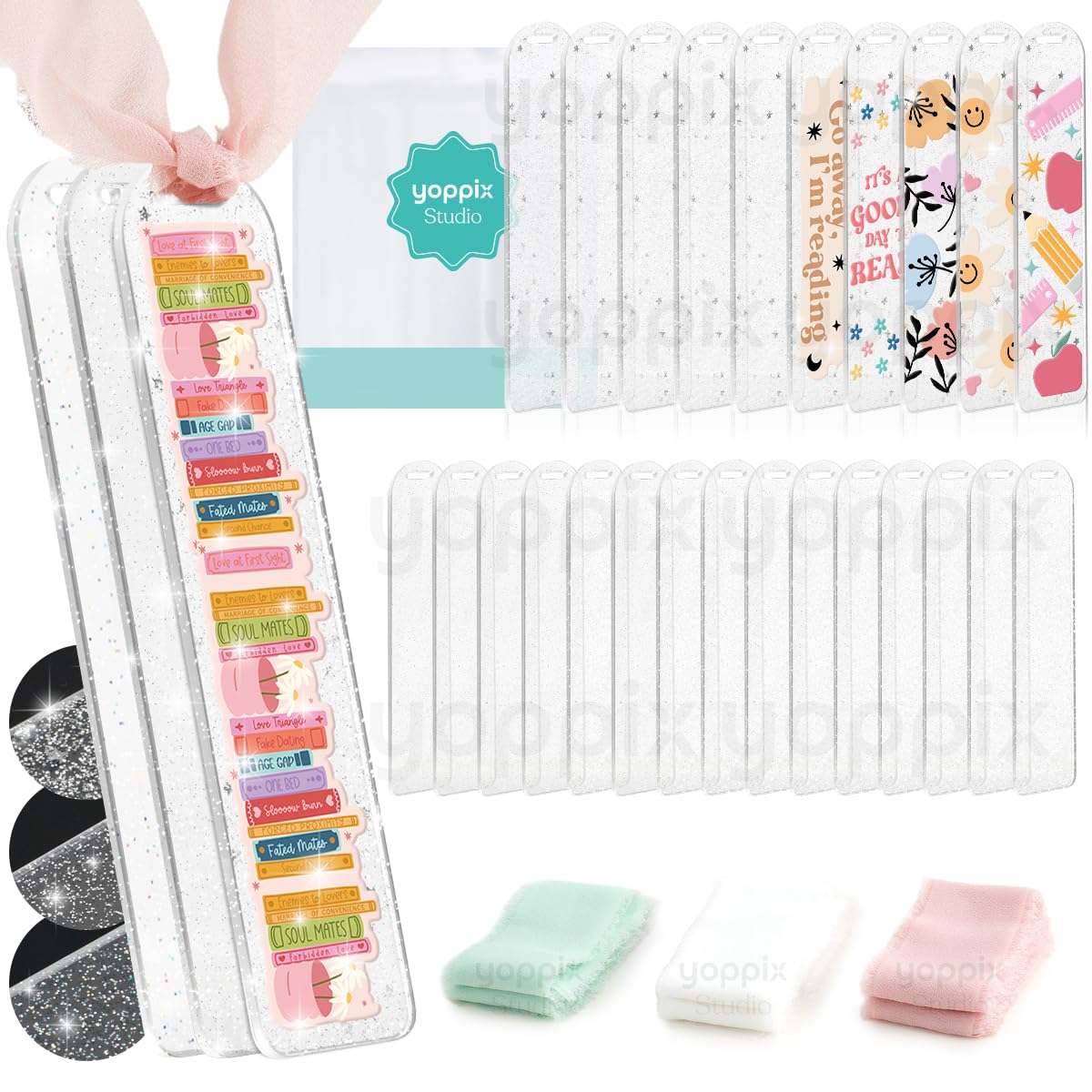YOPPIX 30 Pieces Acrylic Glitter Bookmark - 3mm ThickClear Acrylic Bookmarks Kit with 30 Pcs Ribbon for Reading Lovers DIY Craft