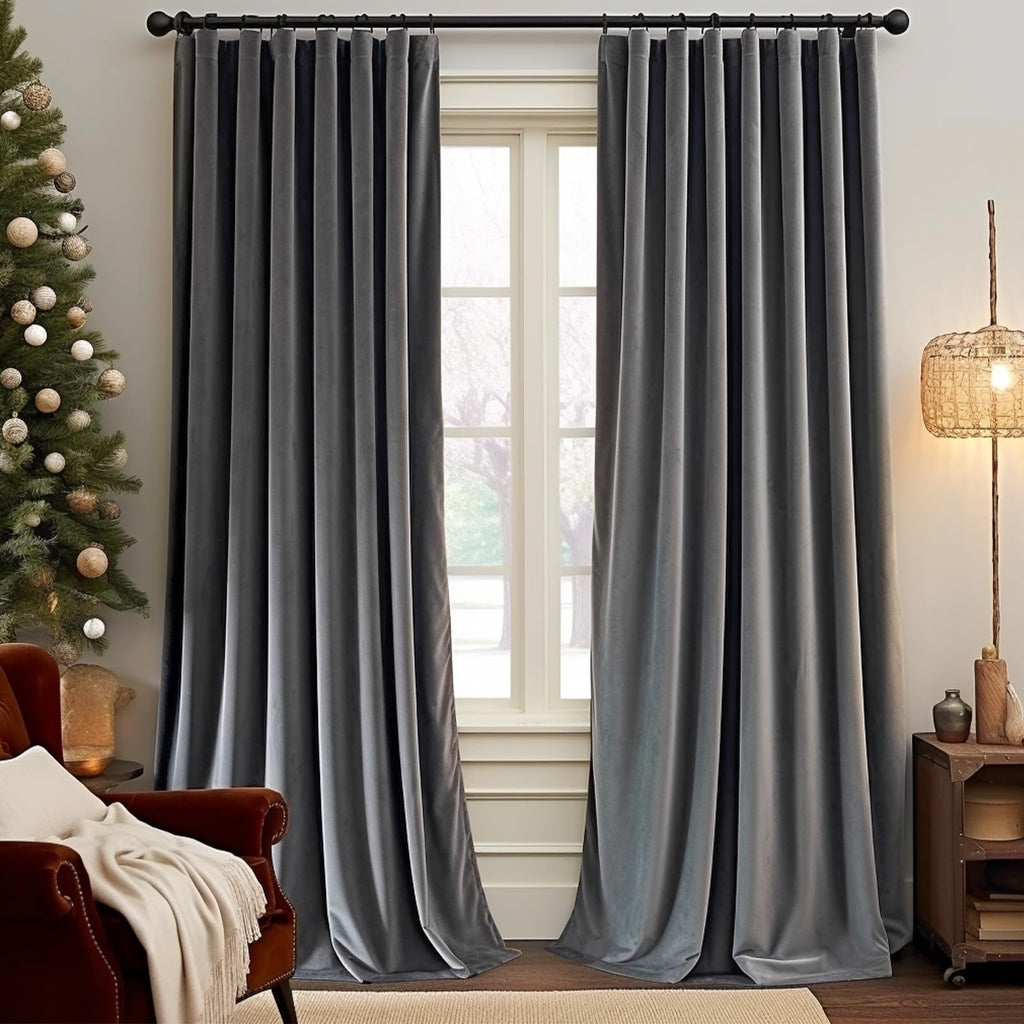 Lazzzy Velvet Grey Blackout Curtains 96 Inches Long Thermal Insulated Drapes For Bedroom Living Room Darkening Window Treatments Rod Pocket 2 Panels, W62 X L96