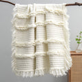 Ultra Soft Pre-Washed Quilted Boho Cream Twin Size Blankets For Bed, Ruffle Fringed Decorative Throw, Stone Washed Chic Rustic B