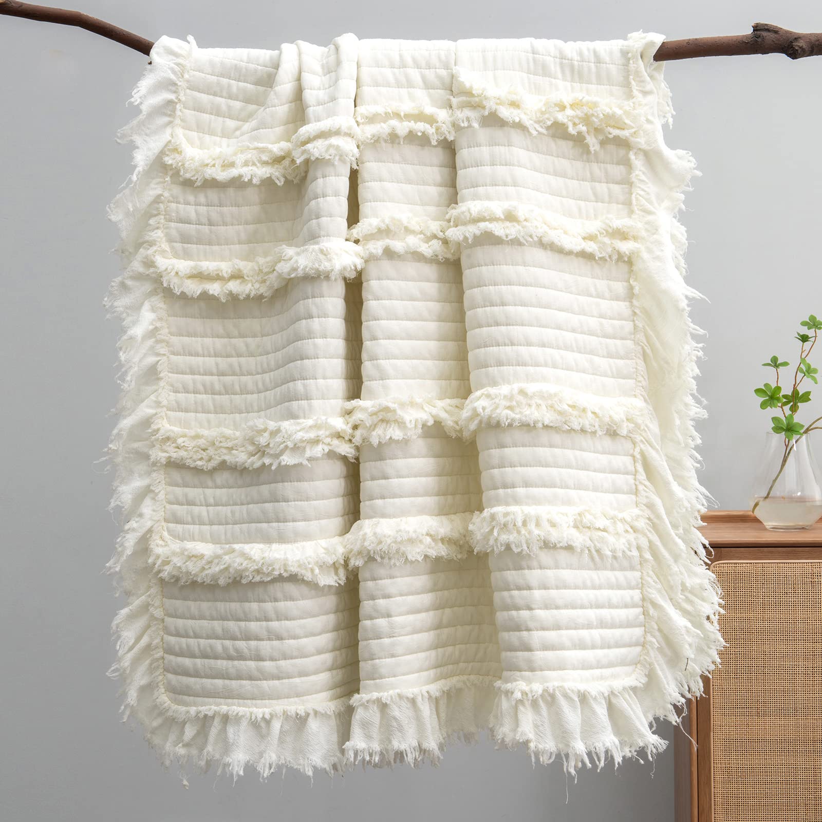 Ultra Soft Pre-Washed Quilted Boho Cream Twin Size Blankets For Bed, Ruffle Fringed Decorative Throw, Stone Washed Chic Rustic B