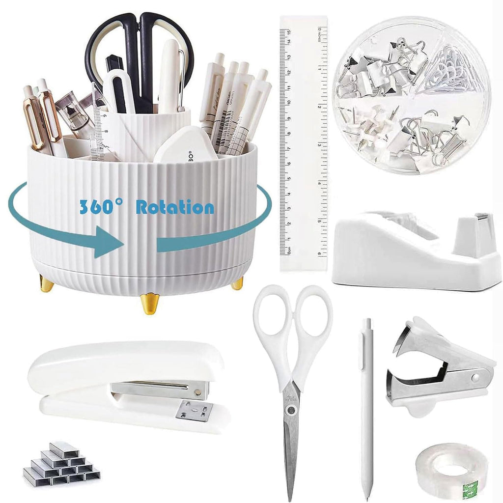 Gawsey White Desk Organizers And Accessories 10Pcs Set With 360-Degree Rotating Pen Holder, Tape Dispenser, Stapler, Staple Remo