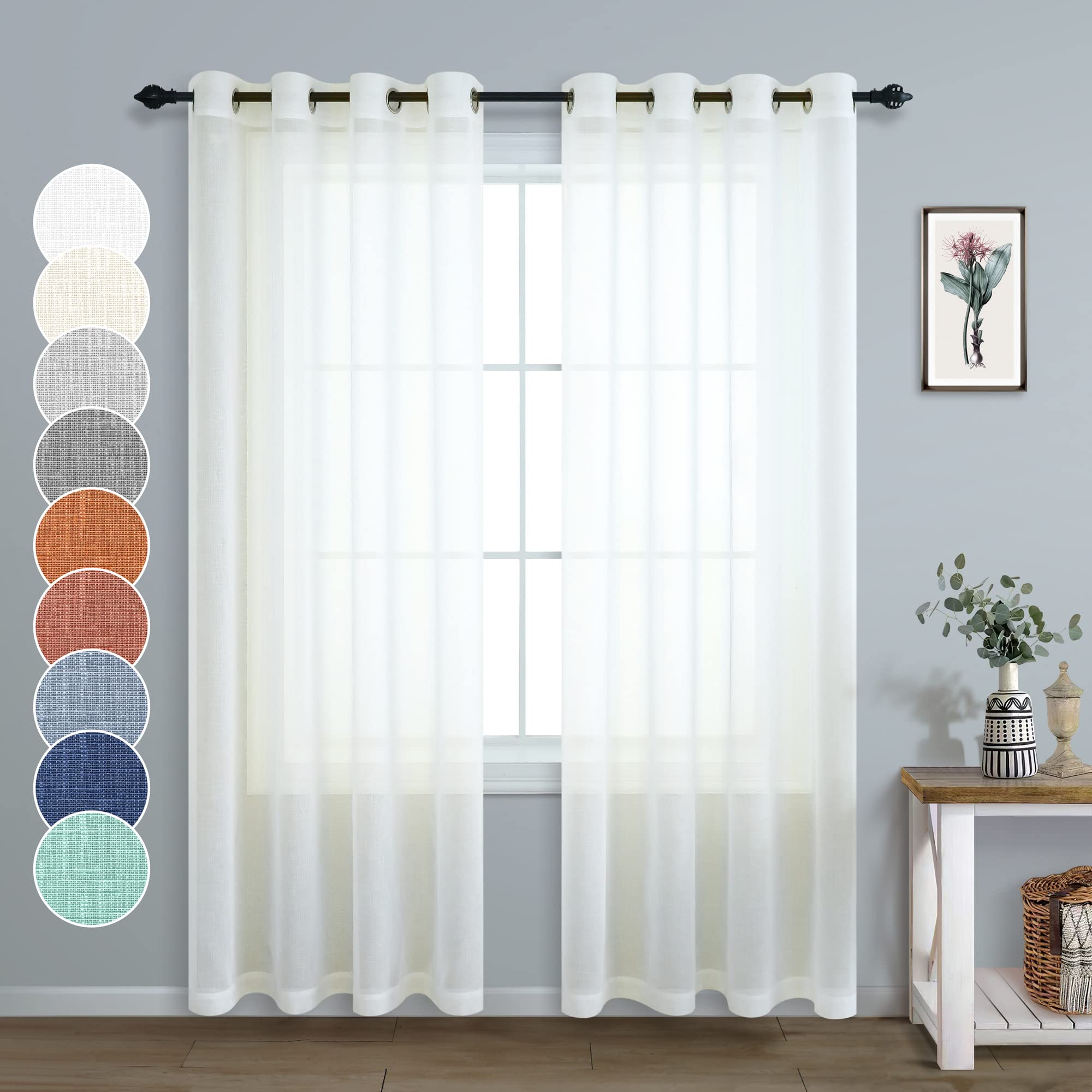 Pitalk White Faux Linen Curtains 102 Inches Long for Living Room 2 Panels Set Pair Rod Pocket Window Drapes Shabby Chic Farmhous