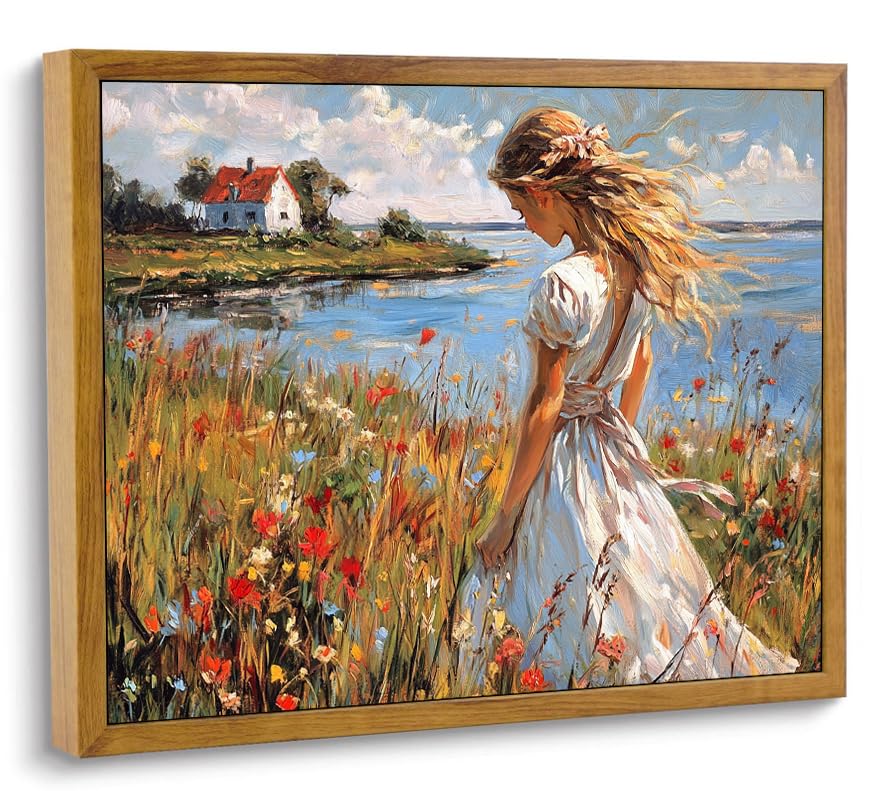 ARTZIO Vintage Floral Wall Art Canvas Painting with Frame - 8x10 Inch Girl Mural, Boho Landscape Oil for Living Room, Bedroom, O