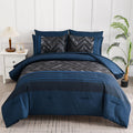 Luxudecor Navy Blue Comforter Set Queen Size, 7 Pieces Stripe Geometric Bed In A Bag, Soft Microfiber Navy Comforter And Sheet S