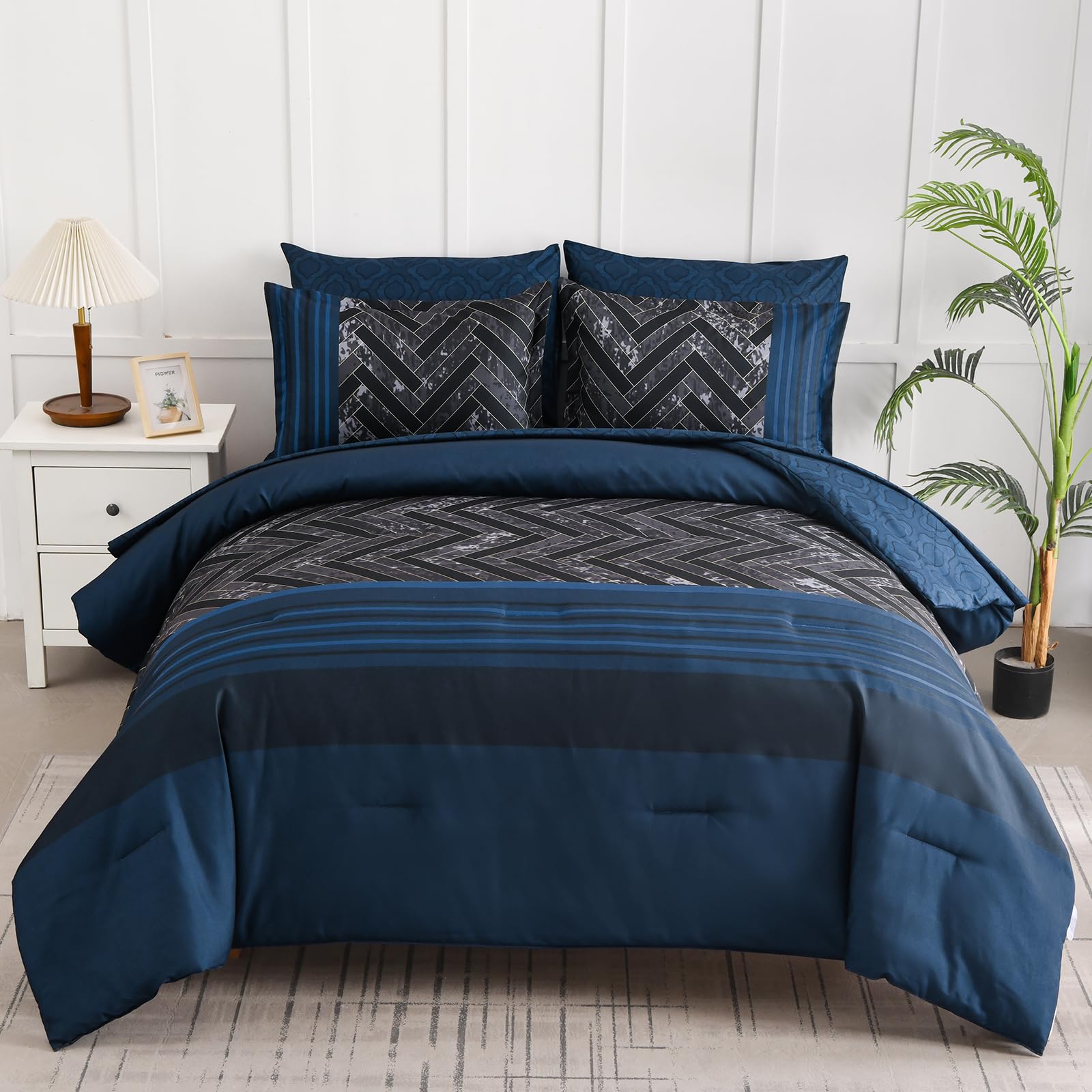 Luxudecor Navy Blue Comforter Set Queen Size, 7 Pieces Stripe Geometric Bed In A Bag, Soft Microfiber Navy Comforter And Sheet S