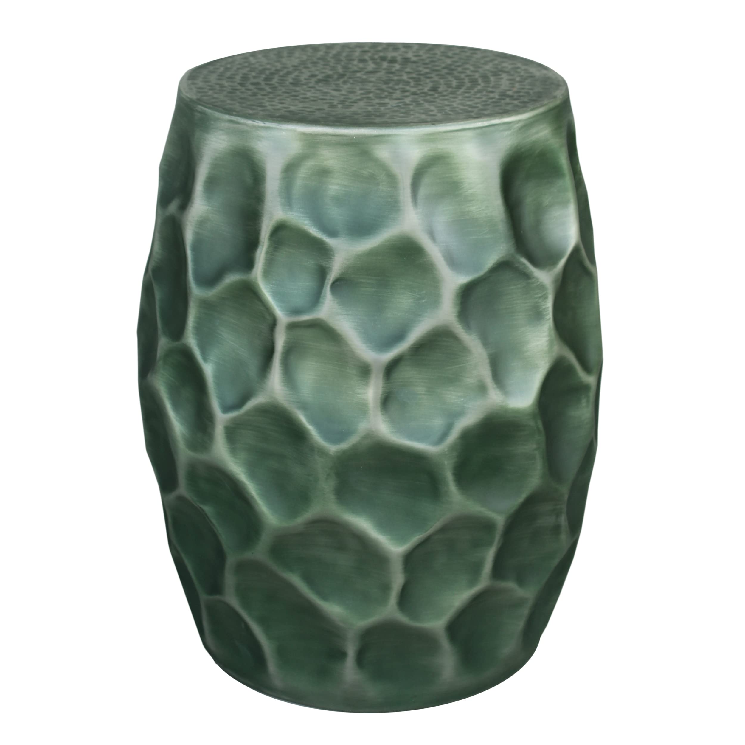 The Urban Port Jed 20-Inch Handcrafted Industrial Round Side Table, Aluminum, Hammered Texture, Antique Burnt Green