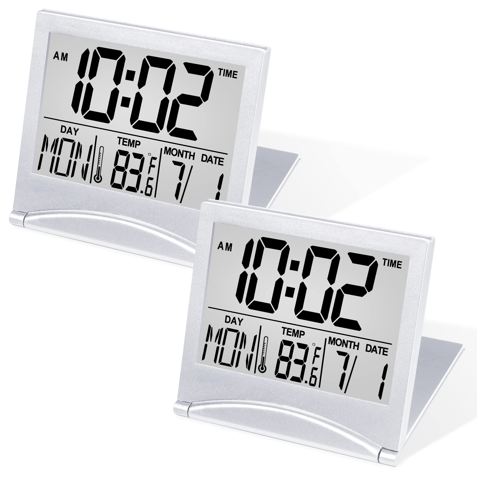 Betus Digital Travel Alarm Clock - Foldable Calendar Temperature Timer LCD Clock with Snooze Mode - Large Number Display, Batter